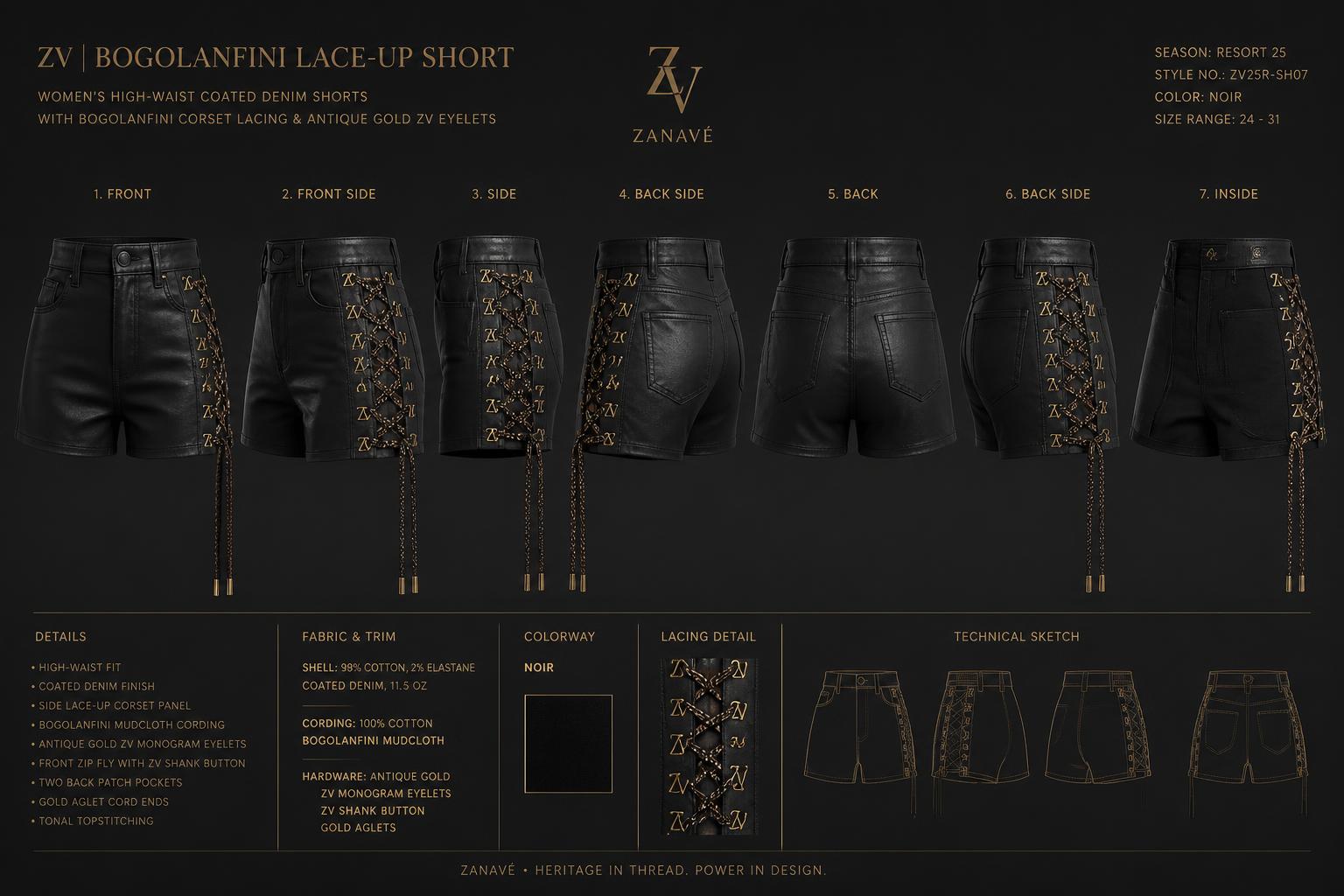 Bogolan mudcloth Lace-Up Short — Women — House · Atelier Nouveau seven-view specification plate; showing 01 Front, 02 Left, 03 Right, 04 Back, 05 Interior, 06 Inner tags, 07 Fabric detail. — 01 Front, Noir
