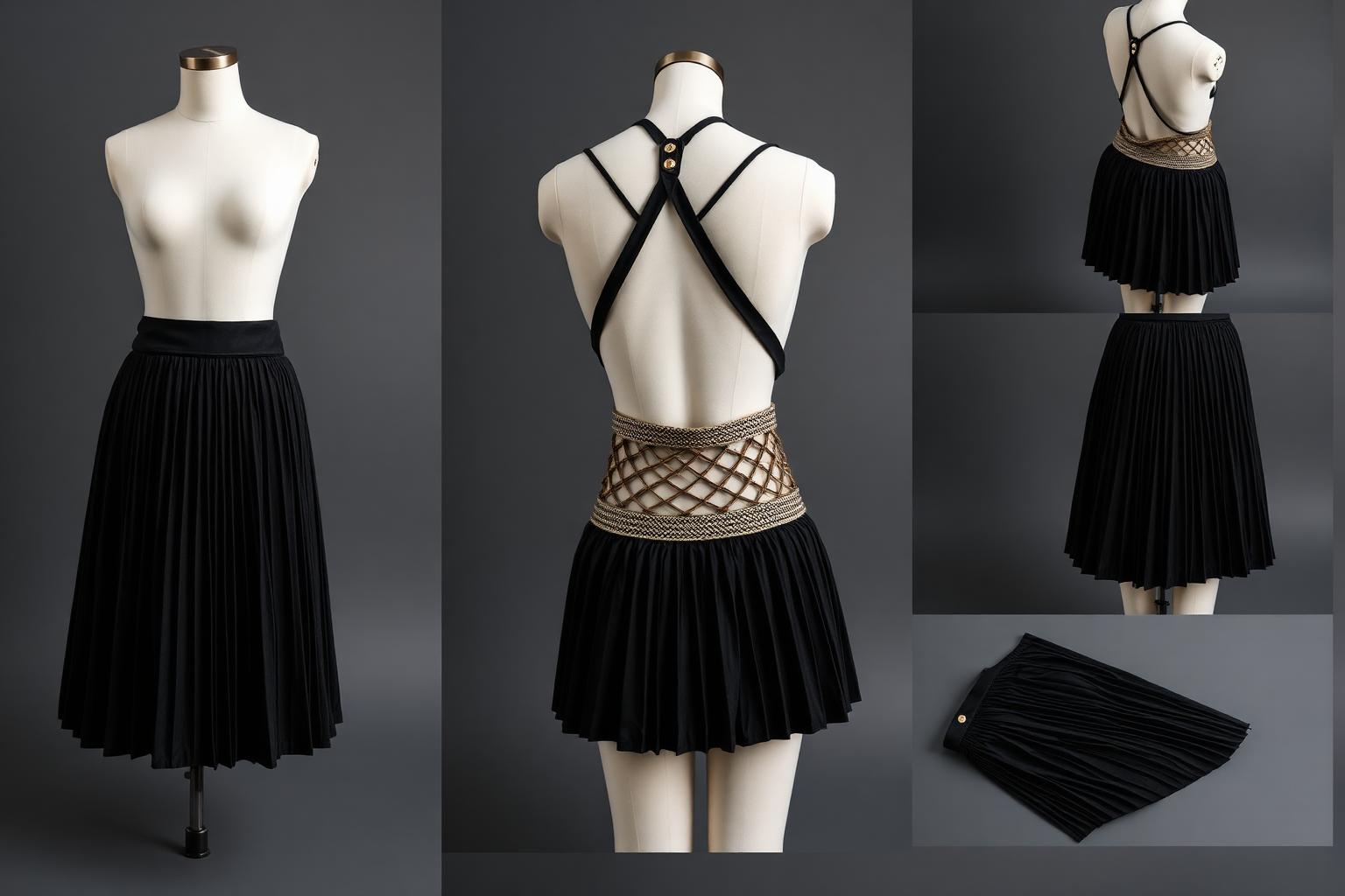 Lattice Pleat Mini Skirt — Women — House · Atelier Nouveau seven-view specification plate; showing 01 Front, 02 Left, 03 Right, 04 Back, 05 Interior, 06 Inner tags, 07 Fabric detail. — 01 Front, Obsidian Black