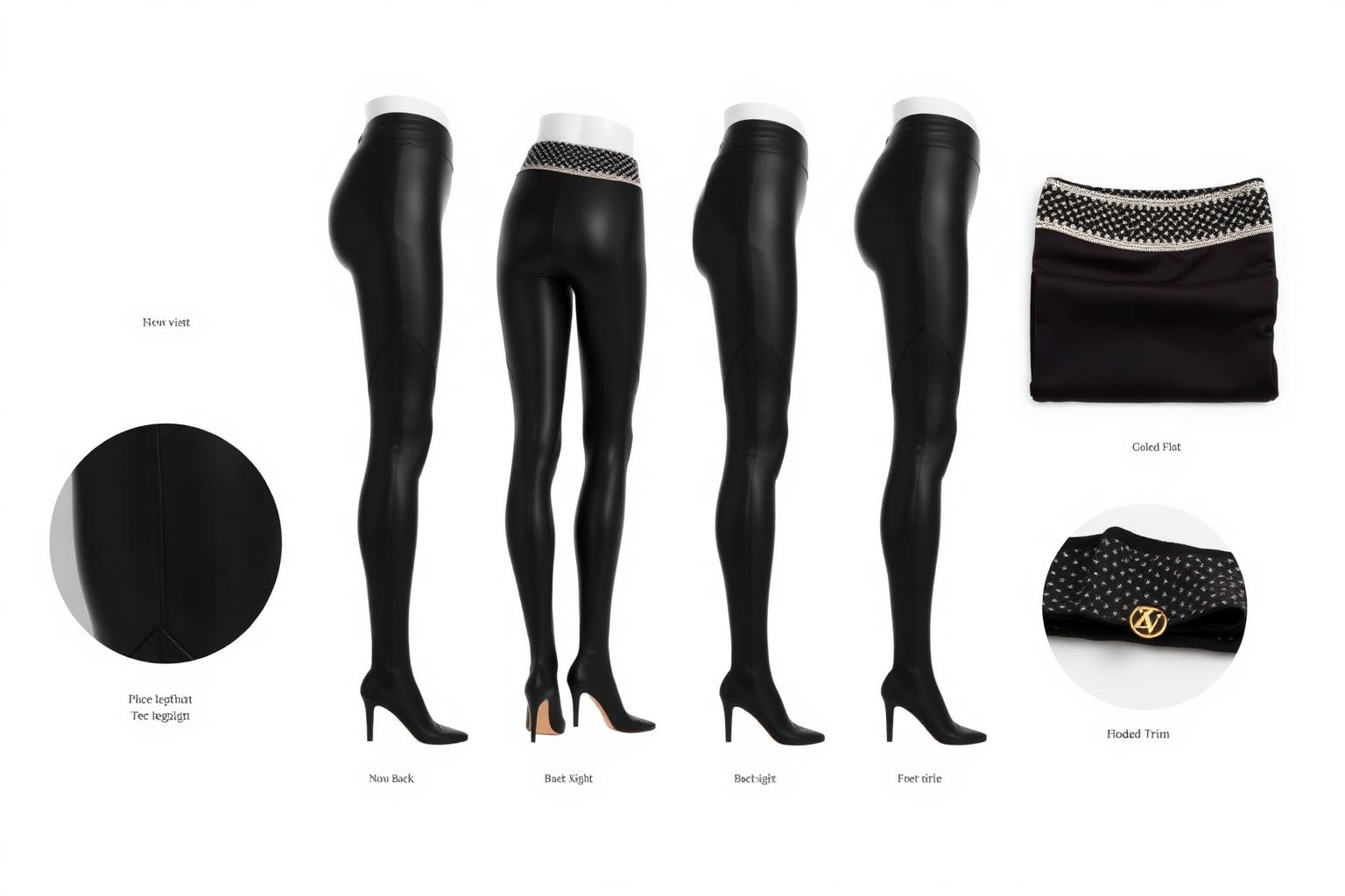 Leather Panel Sculpt Legging — Women — House · Street Futur seven-view specification plate; showing 01 Front, 02 Left, 03 Right, 04 Back, 05 Interior, 06 Inner tags, 07 Fabric detail. — 01 Front, Noir Lacque