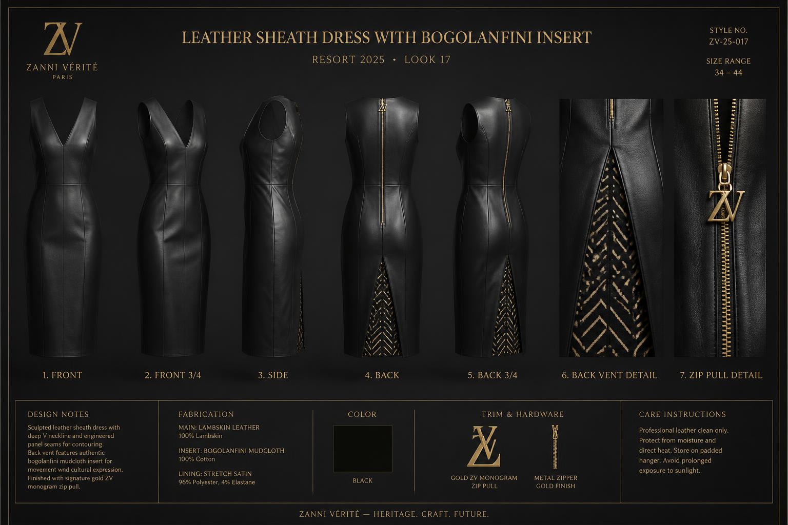 Bogolan mudcloth Leather Sheath Dress — Women — House · Heritage Noir seven-view specification plate; showing 01 Front, 02 Left, 03 Right, 04 Back, 05 Interior, 06 Inner tags, 07 Fabric detail. — 01 Front, Noir