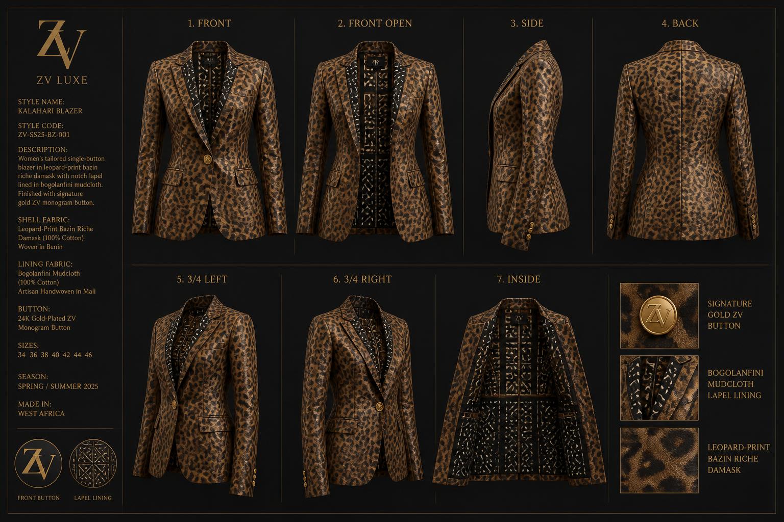 Kalahari Bazin Riche Blazer — Women — House · Heritage Futur seven-view specification plate; showing 01 Front, 02 Left, 03 Right, 04 Back, 05 Interior, 06 Inner tags, 07 Fabric detail. — 01 Front, Cocoa Leopard