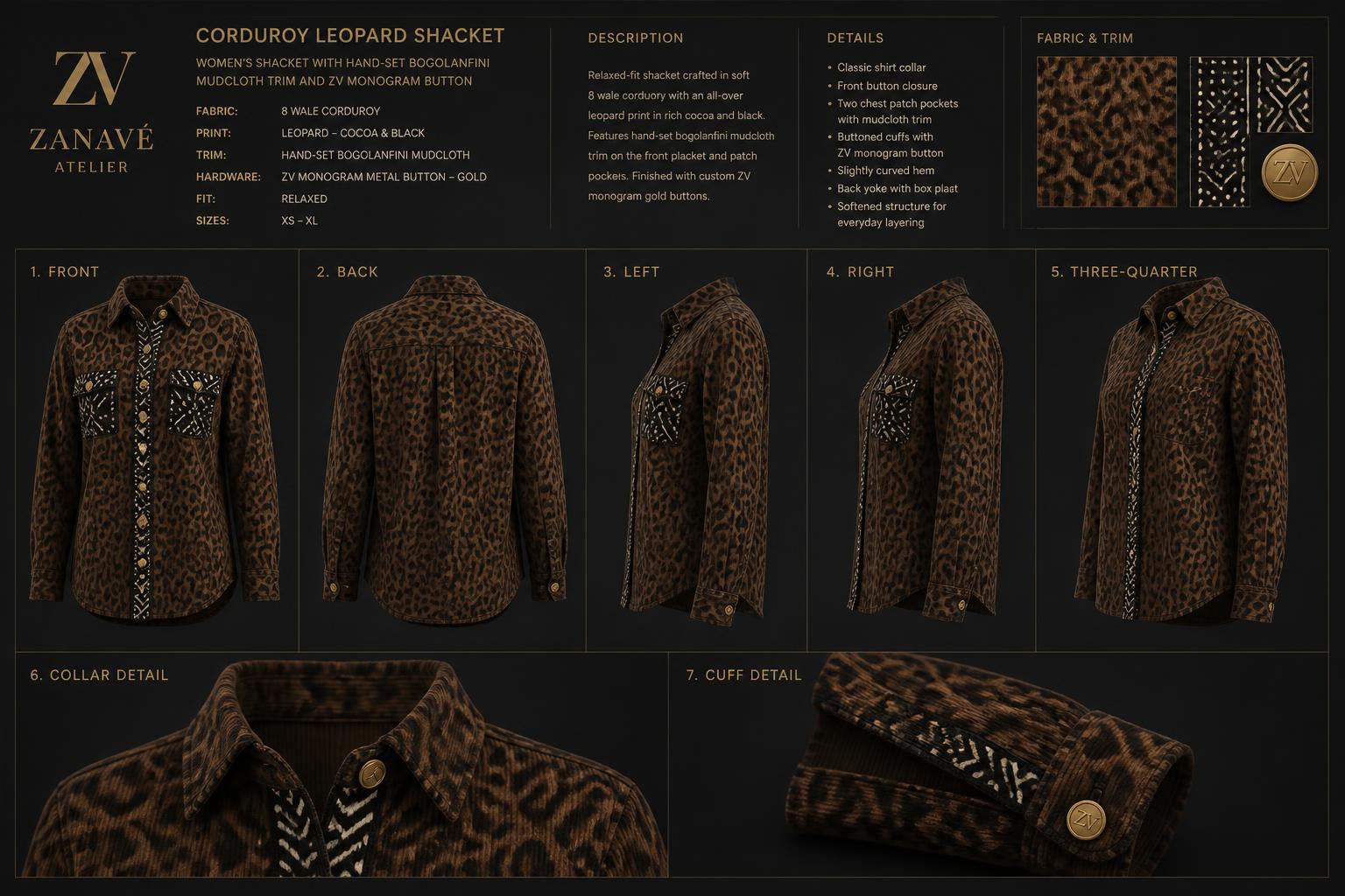 Corduroy Leopard Shacket — Women — House · Heritage Futur seven-view specification plate; showing 01 Front, 02 Left, 03 Right, 04 Back, 05 Interior, 06 Inner tags, 07 Fabric detail. — 01 Front, Cocoa Leopard