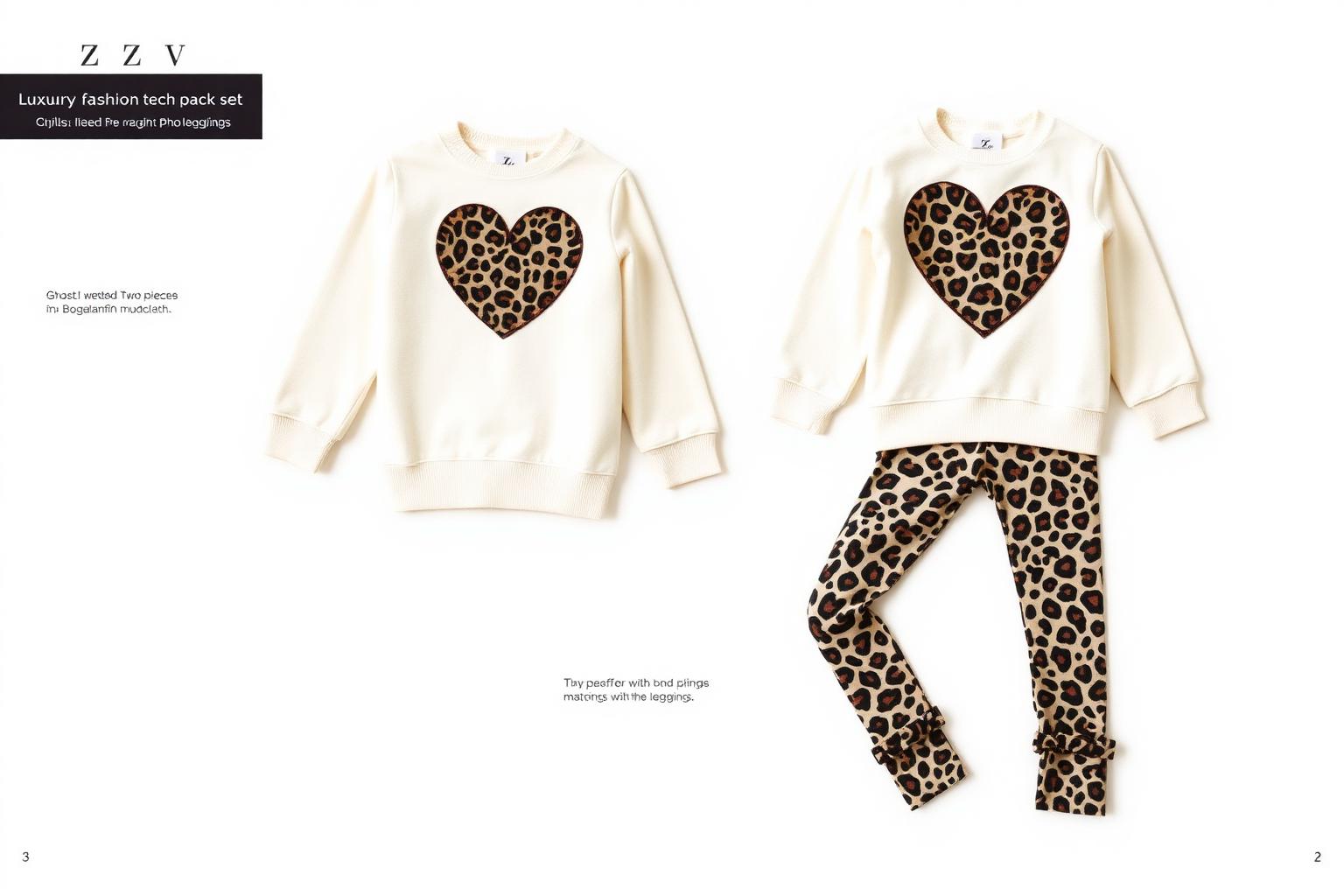 Leopard Heart Fleece Set — Girls — House · Street Futur seven-view specification plate; showing 01 Front, 02 Left, 03 Right, 04 Back, 05 Interior, 06 Inner tags, 07 Fabric detail. — 01 Front, Ivory Leopard