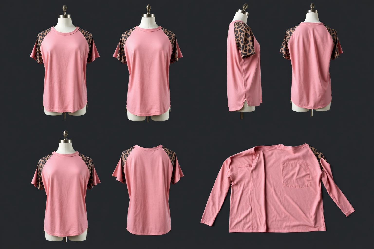Leopard Raglan Heritage Tee — Women — House · Denim Futur seven-view specification plate; showing 01 Front, 02 Left, 03 Right, 04 Back, 05 Interior, 06 Inner tags, 07 Fabric detail. — 01 Front, Rose Blush