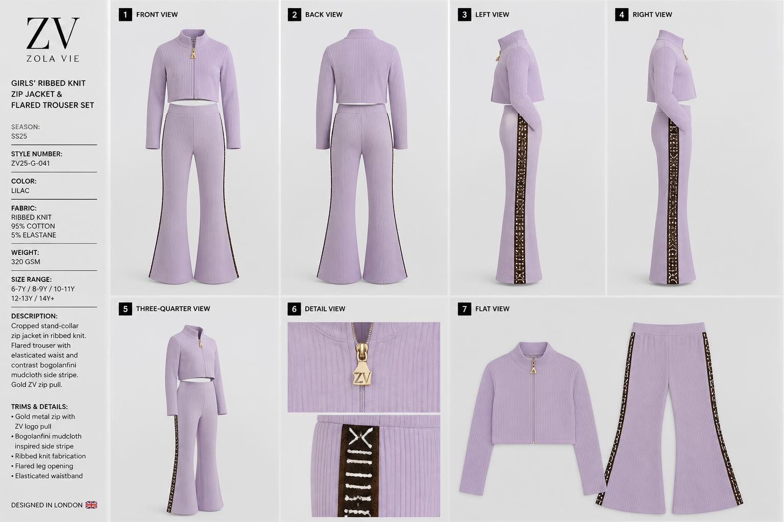 Lilac Rib Flare Set — Girls — House · Soirée Futur seven-view specification plate; showing 01 Front, 02 Left, 03 Right, 04 Back, 05 Interior, 06 Inner tags, 07 Fabric detail. — 01 Front, Lilac