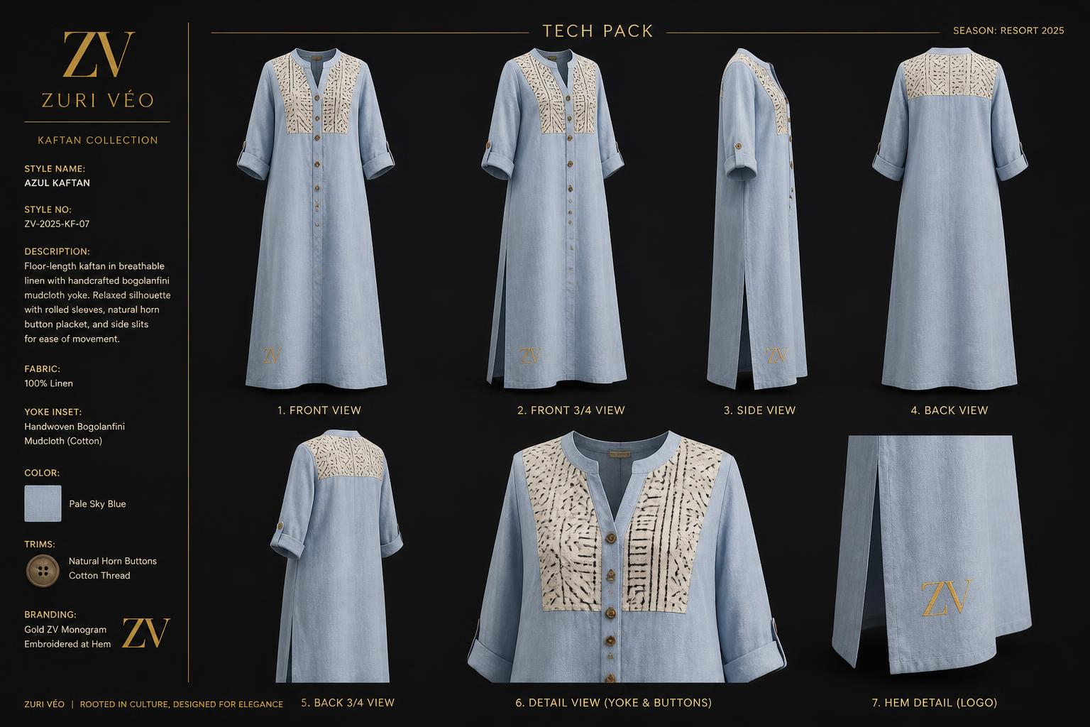 Azul Linen Kaftan Dress — 100% washed linen with Bogolan mudcloth yoke