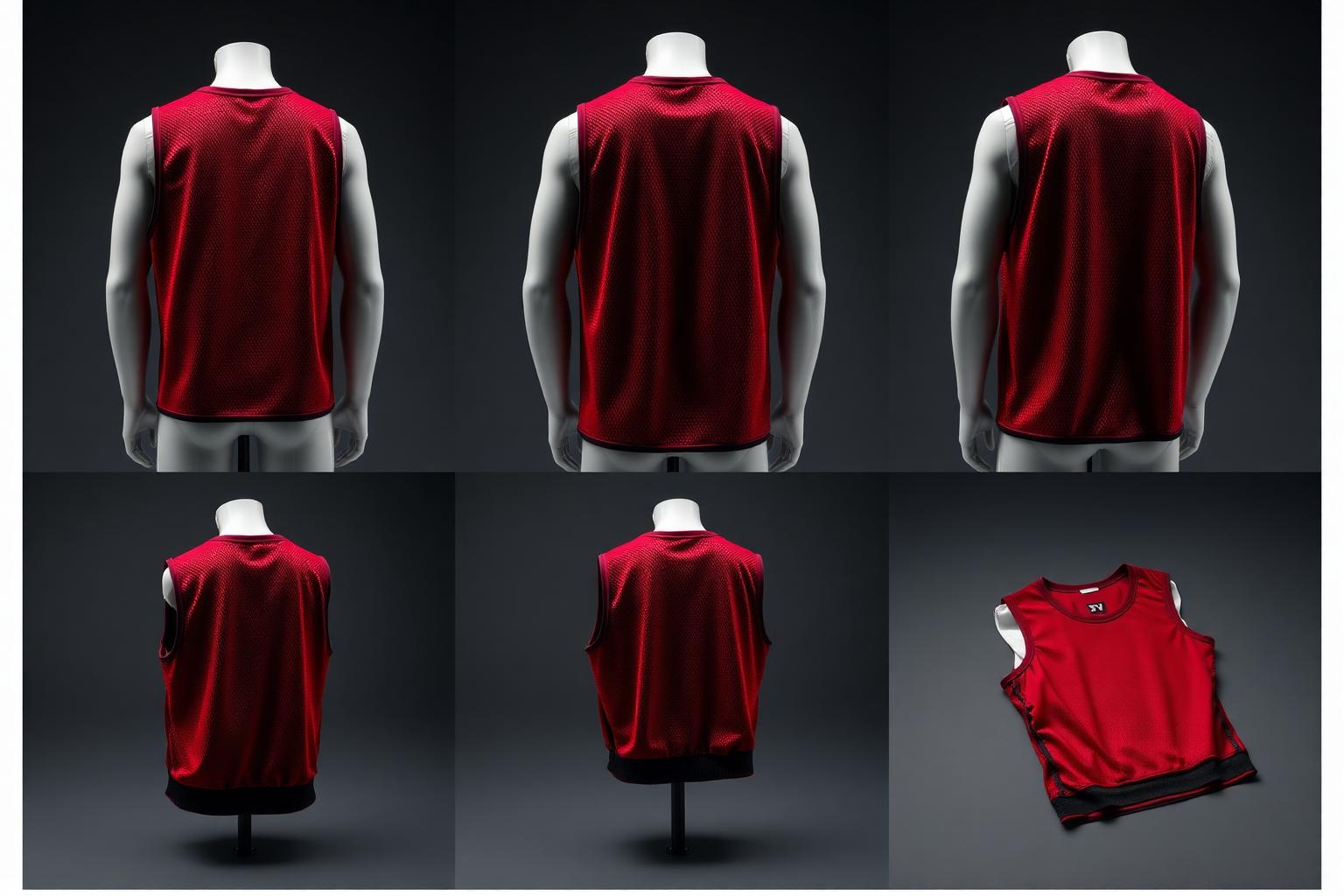Crimson Mesh Open-Side Vest — Women — House · Denim Futur seven-view specification plate; showing 01 Front, 02 Left, 03 Right, 04 Back, 05 Interior, 06 Inner tags, 07 Fabric detail. — 01 Front, Crimson