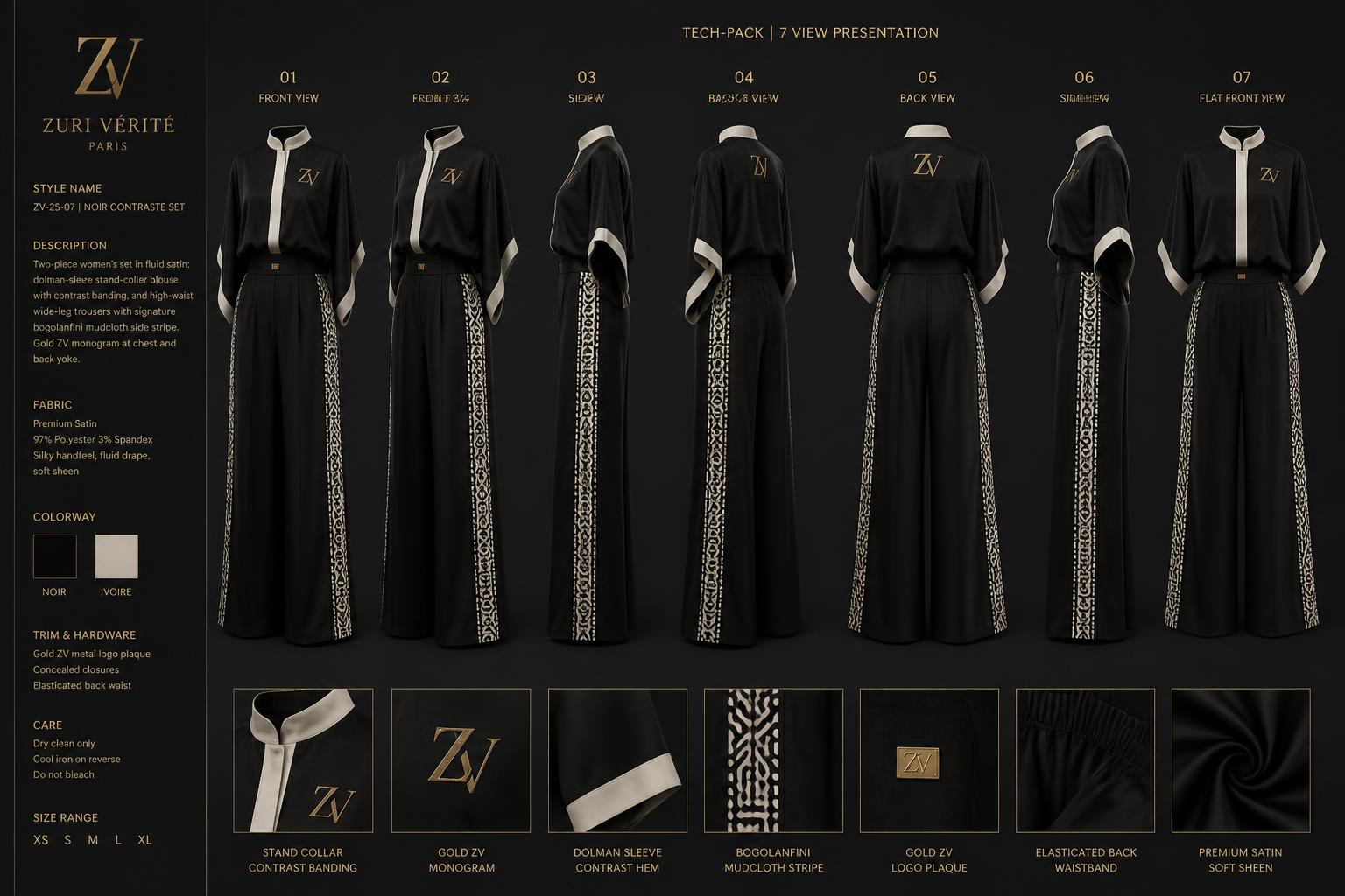 Noir Contraste Satin Set — Women — House · Atelier Nouveau seven-view specification plate; showing 01 Front, 02 Left, 03 Right, 04 Back, 05 Interior, 06 Inner tags, 07 Fabric detail. — 01 Front, Noir Ivoire