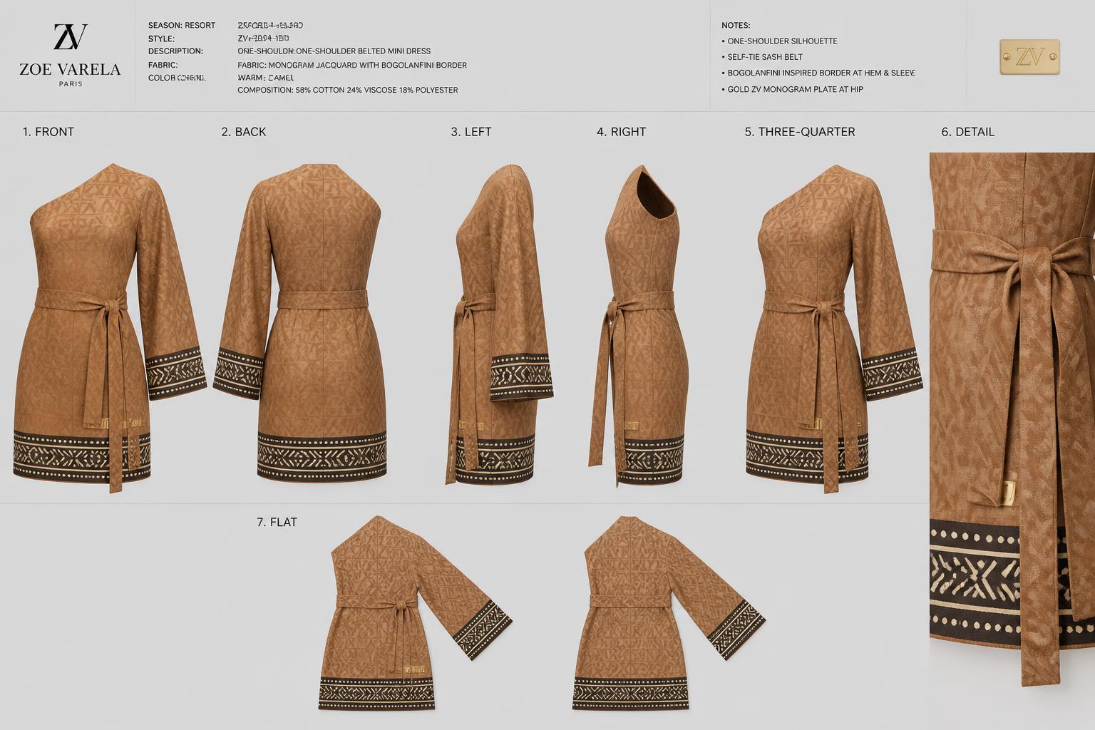 Monogram Jacquard One-Shoulder Dress — Women — House · Soirée Futur seven-view specification plate; showing 01 Front, 02 Left, 03 Right, 04 Back, 05 Interior, 06 Inner tags, 07 Fabric detail. — 01 Front, Warm Camel