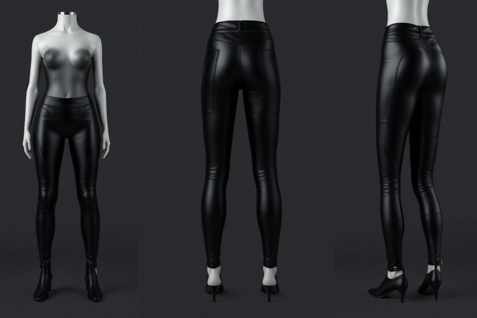Moto Panel Leather Legging — Women — House · Frontier Futur seven-view specification plate; showing 01 Front, 02 Left, 03 Right, 04 Back, 05 Interior, 06 Inner tags, 07 Fabric detail. — 01 Front, Noir Lacque