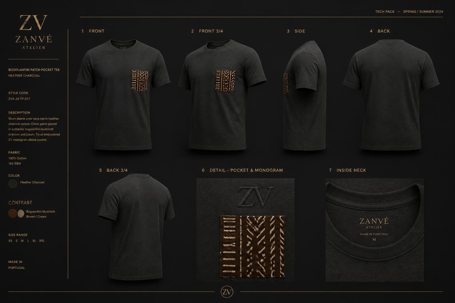 Mudcloth Pocket Tee — Women — House · Heritage Noir seven-view specification plate; showing 01 Front, 02 Left, 03 Right, 04 Back, 05 Interior, 06 Inner tags, 07 Fabric detail. — 01 Front, Heather Charcoal