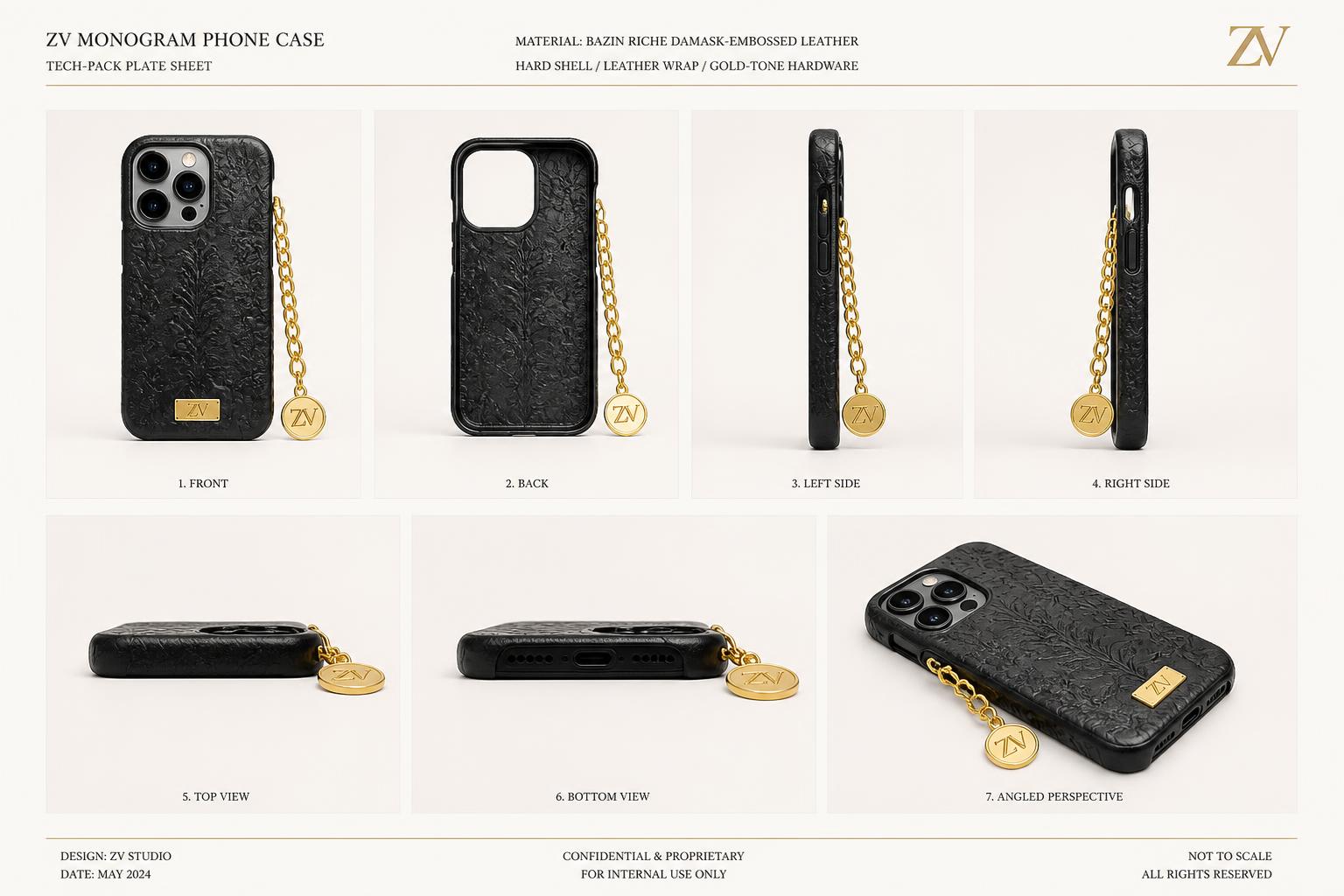 Bazin Damask Telephone Case — Women — House · Objet Futur seven-view specification plate; showing 01 Front, 02 Left, 03 Right, 04 Back, 05 Interior, 06 Inner tags, 07 Fabric detail. — 01 Front, Noir Damask