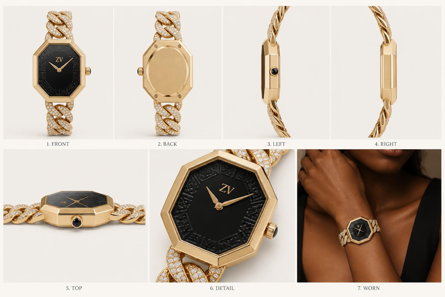 Octagone Pavé Chain Watch — Women — House · Objet Futur seven-view specification plate; showing 01 Front, 02 Left, 03 Right, 04 Back, 05 Interior, 06 Inner tags, 07 Fabric detail. — 01 Front, Gold Noir