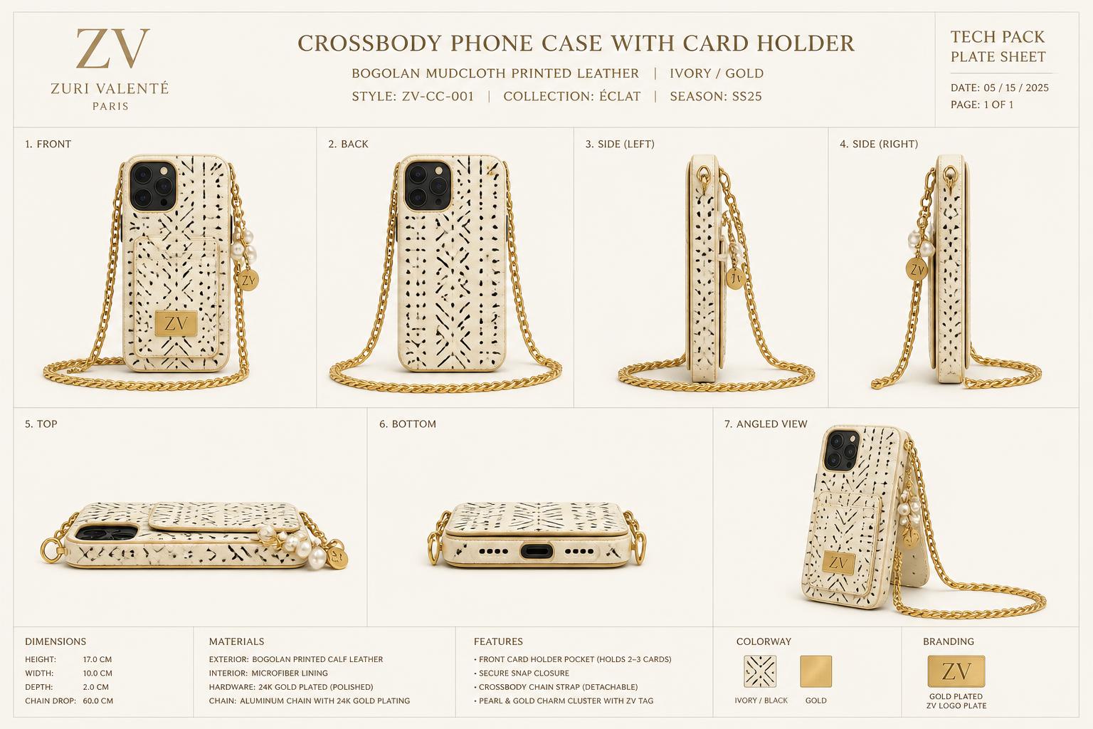 Bogolan Crossbody Card Case — Women — House · Objet Futur seven-view specification plate; showing 01 Front, 02 Left, 03 Right, 04 Back, 05 Interior, 06 Inner tags, 07 Fabric detail. — 01 Front, Ivory Mudcloth