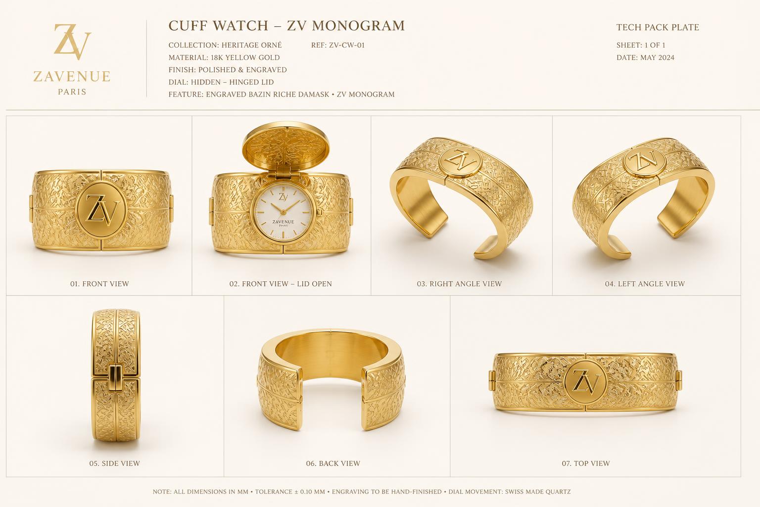 Bazin Riche Cuff Watch — Women — House · Objet Futur seven-view specification plate; showing 01 Front, 02 Left, 03 Right, 04 Back, 05 Interior, 06 Inner tags, 07 Fabric detail. — 01 Front, Yellow Gold