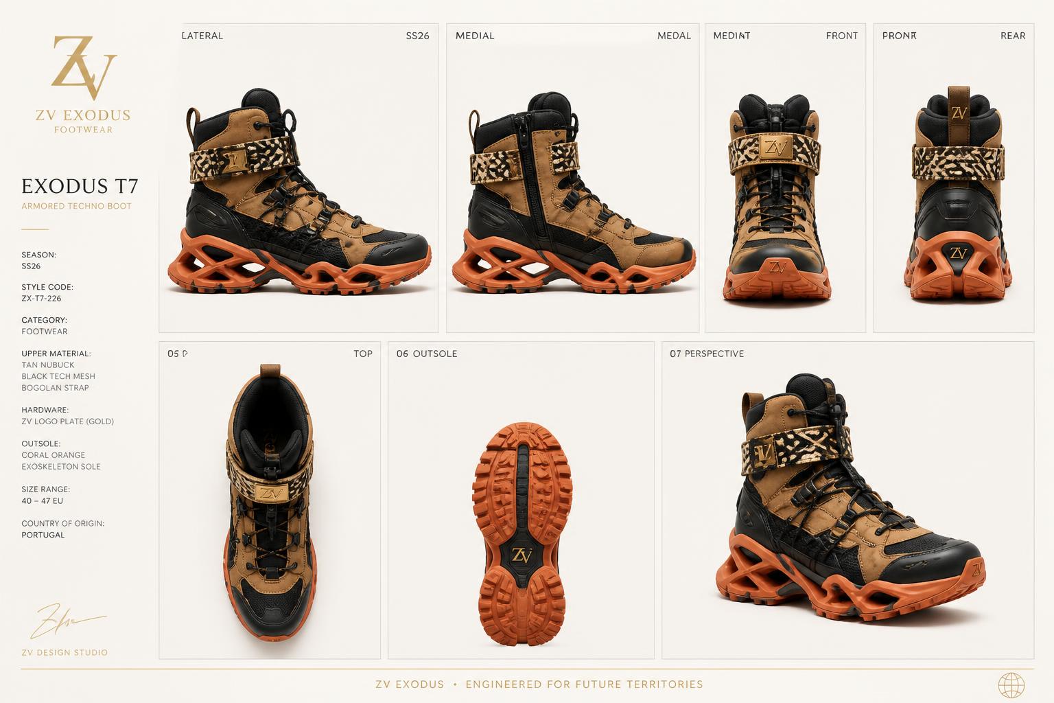 Exodus Exoskeleton High Boot — Women — House · Objet Futur seven-view specification plate; showing 01 Front, 02 Left, 03 Right, 04 Back, 05 Interior, 06 Inner tags, 07 Fabric detail. — 01 Front, Tan Coral