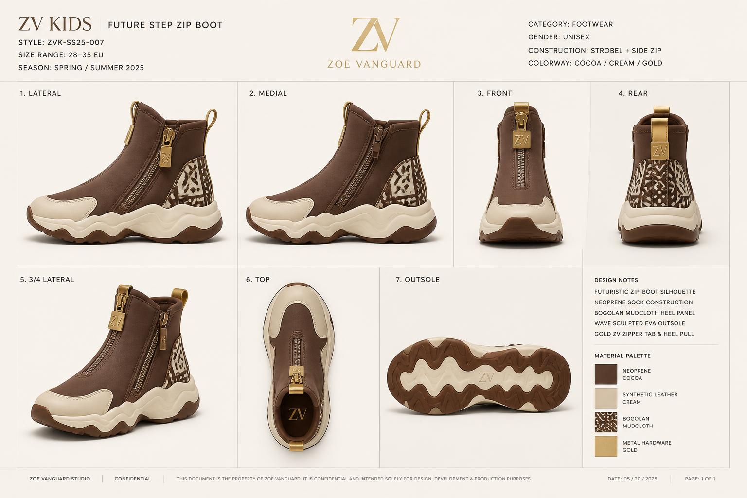 Petit Future Step Zip Boot — Women — House · Objet Futur seven-view specification plate; showing 01 Front, 02 Left, 03 Right, 04 Back, 05 Interior, 06 Inner tags, 07 Fabric detail. — 01 Front, Cocoa Cream