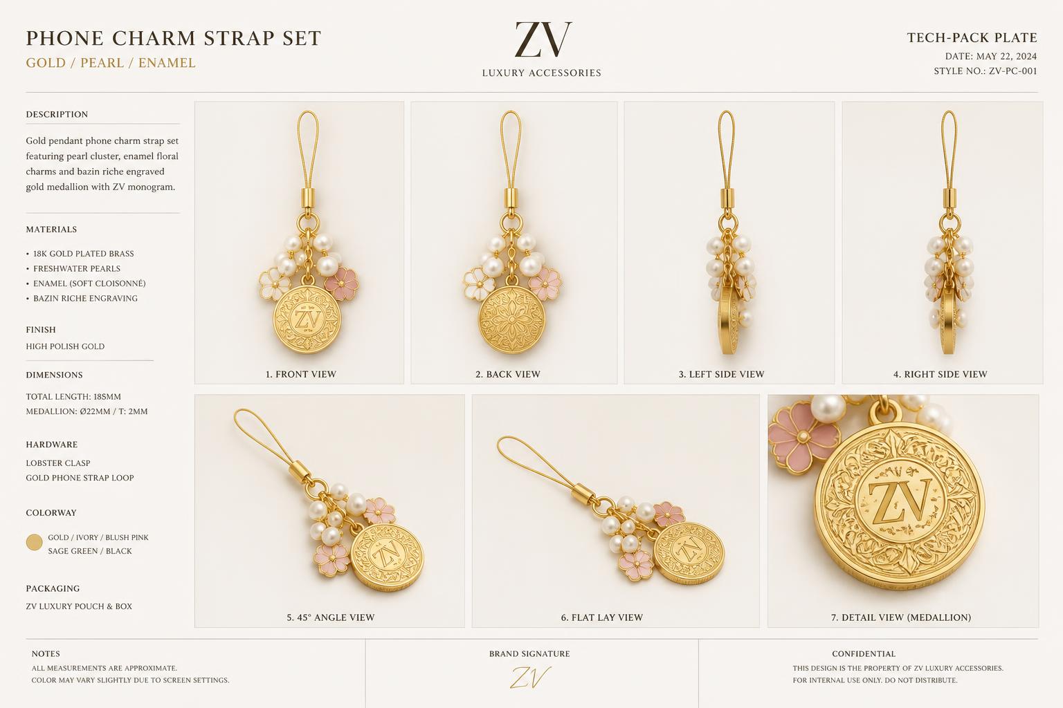 Pearl Bazin Pendant Charm Set — Women — House · Objet Futur seven-view specification plate; showing 01 Front, 02 Left, 03 Right, 04 Back, 05 Interior, 06 Inner tags, 07 Fabric detail. — 01 Front, Gold Blush