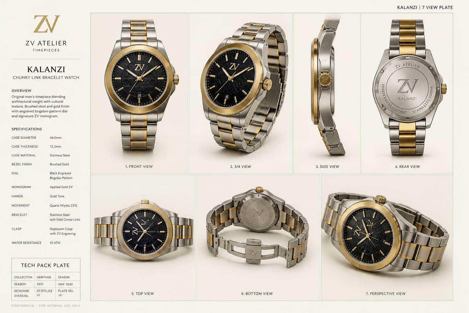 Kalanzi Link Chronograph Watch — Women — House · Objet Futur seven-view specification plate; showing 01 Front, 02 Left, 03 Right, 04 Back, 05 Interior, 06 Inner tags, 07 Fabric detail. — 01 Front, Steel Gold