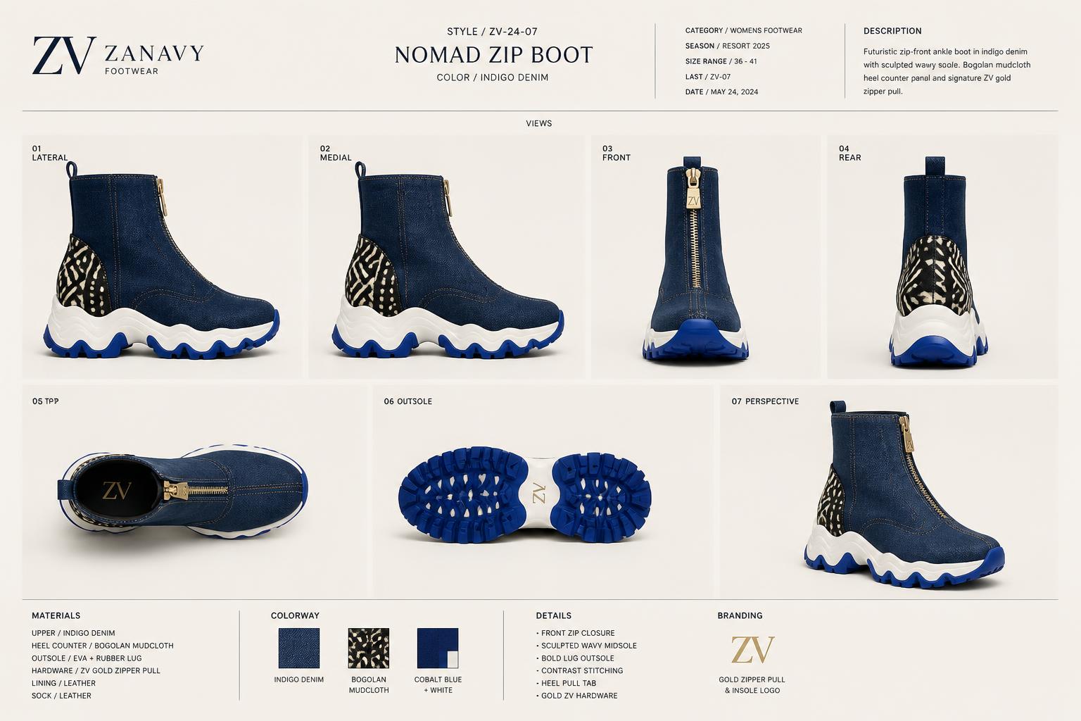 Nomad Indigo Zip Boot — Women — House · Objet Futur seven-view specification plate; showing 01 Front, 02 Left, 03 Right, 04 Back, 05 Interior, 06 Inner tags, 07 Fabric detail. — 01 Front, Indigo Cobalt