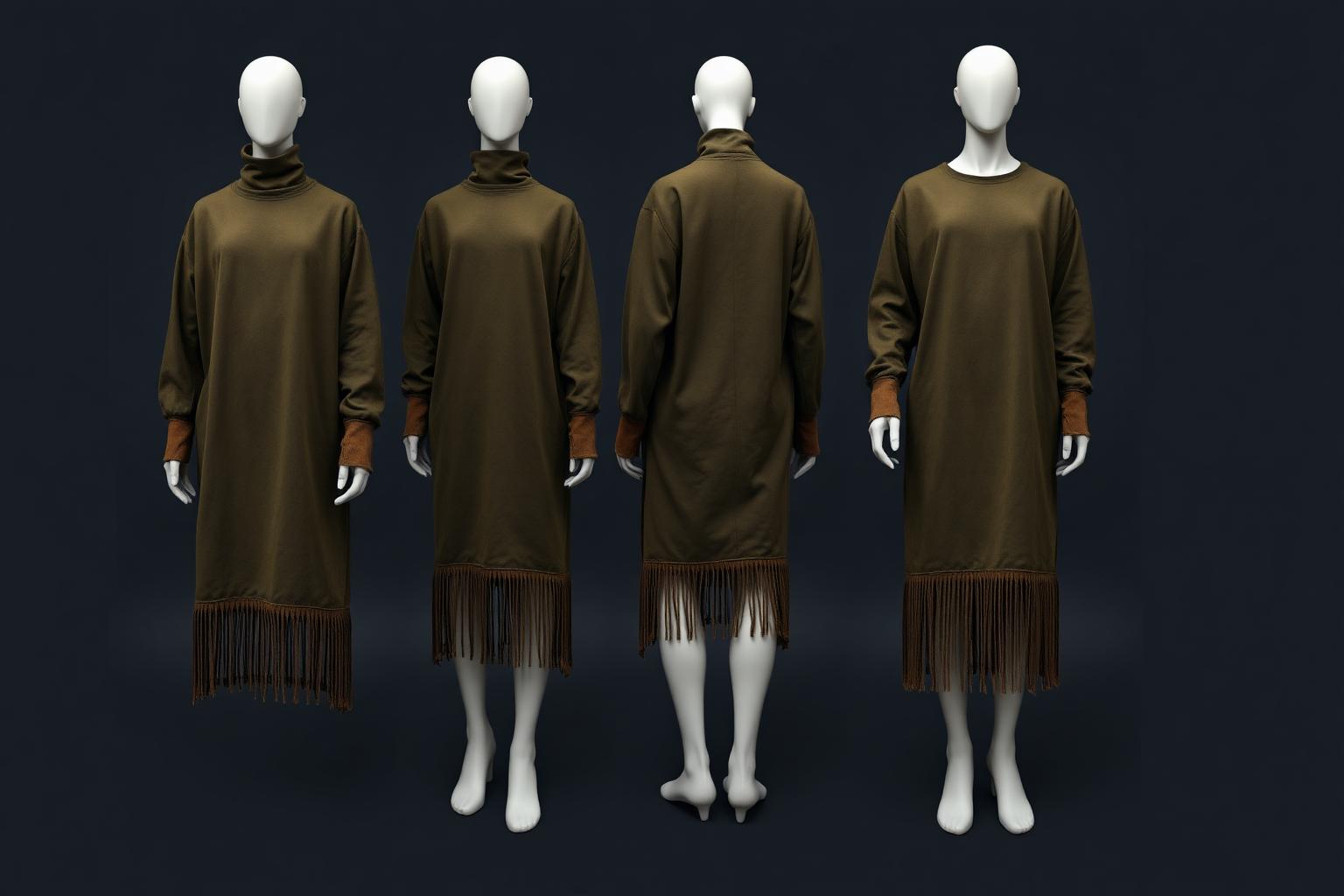 Olive Suede Fringe Sweat Dress — Women — House · Denim Futur seven-view specification plate; showing 01 Front, 02 Left, 03 Right, 04 Back, 05 Interior, 06 Inner tags, 07 Fabric detail. — 01 Front, Olive Vine