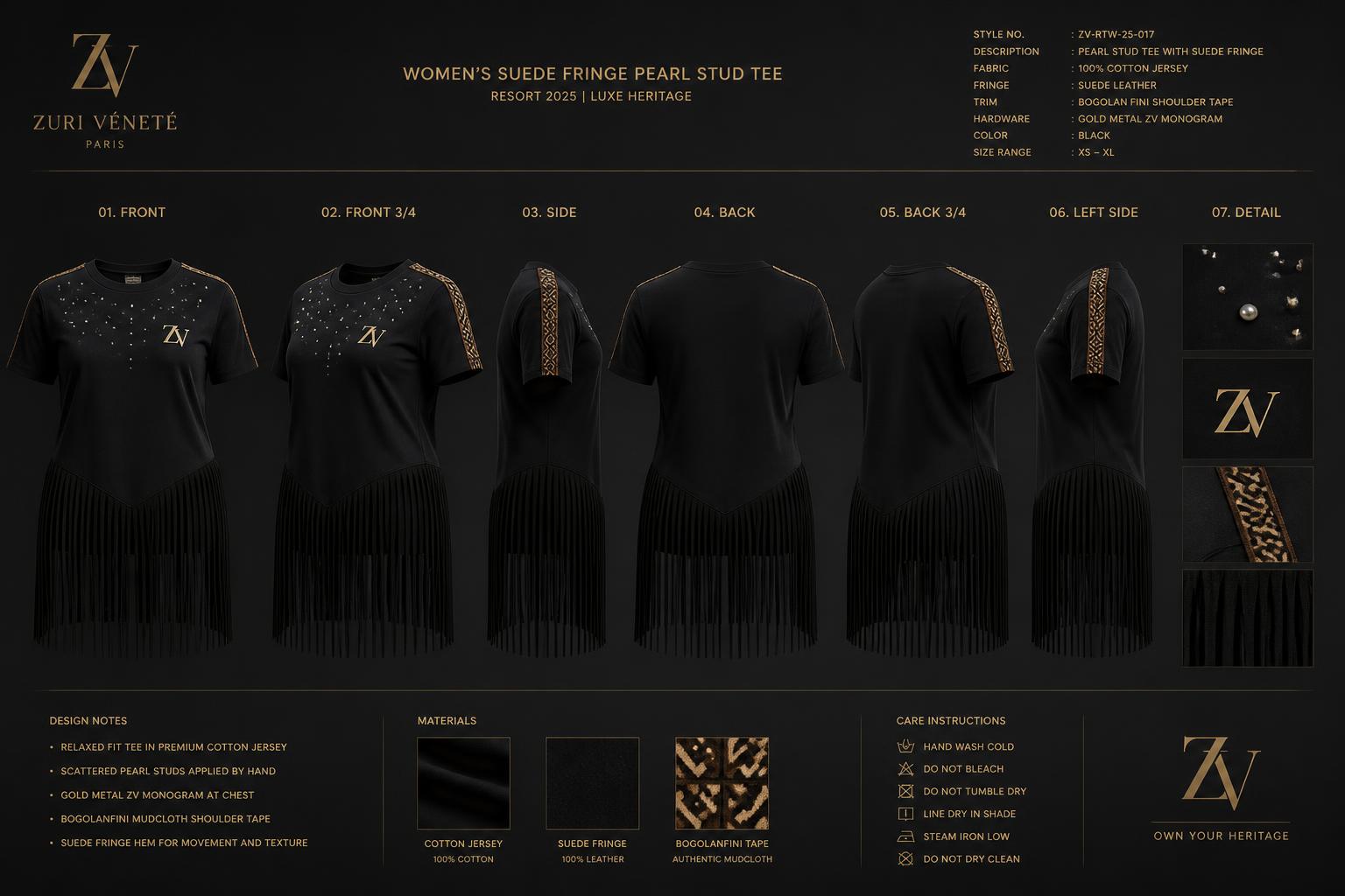 Pearl Fringe Suede Tee — Women — House · Heritage Noir seven-view specification plate; showing 01 Front, 02 Left, 03 Right, 04 Back, 05 Interior, 06 Inner tags, 07 Fabric detail. — 01 Front, Noir