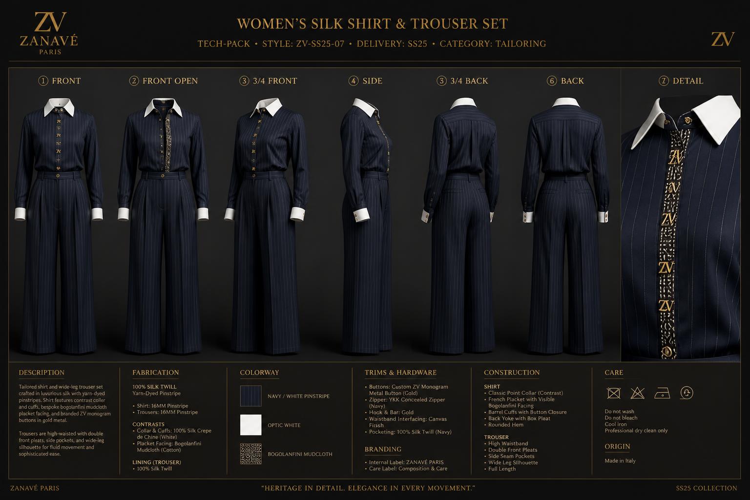 Pinstripe Silk Shirt & Trouser Suite — Women — House · Atelier Nouveau seven-view specification plate; showing 01 Front, 02 Left, 03 Right, 04 Back, 05 Interior, 06 Inner tags, 07 Fabric detail. — 01 Front, Navy Pinstripe
