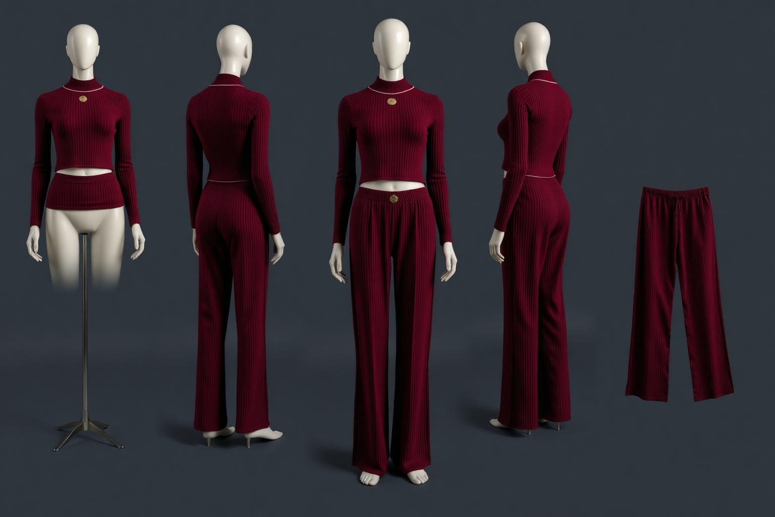 Burgundy Rib Flare Two-Piece — Women — House · Denim Futur seven-view specification plate; showing 01 Front, 02 Left, 03 Right, 04 Back, 05 Interior, 06 Inner tags, 07 Fabric detail. — 01 Front, Burgundy Wine