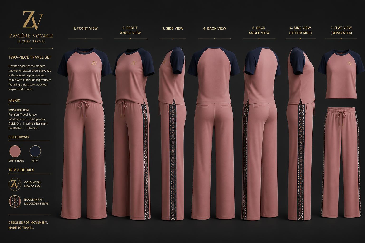 Voyage Two-Piece Travel Set — Women — House · Heritage Futur seven-view specification plate; showing 01 Front, 02 Left, 03 Right, 04 Back, 05 Interior, 06 Inner tags, 07 Fabric detail. — 01 Front, Dusty Rose
