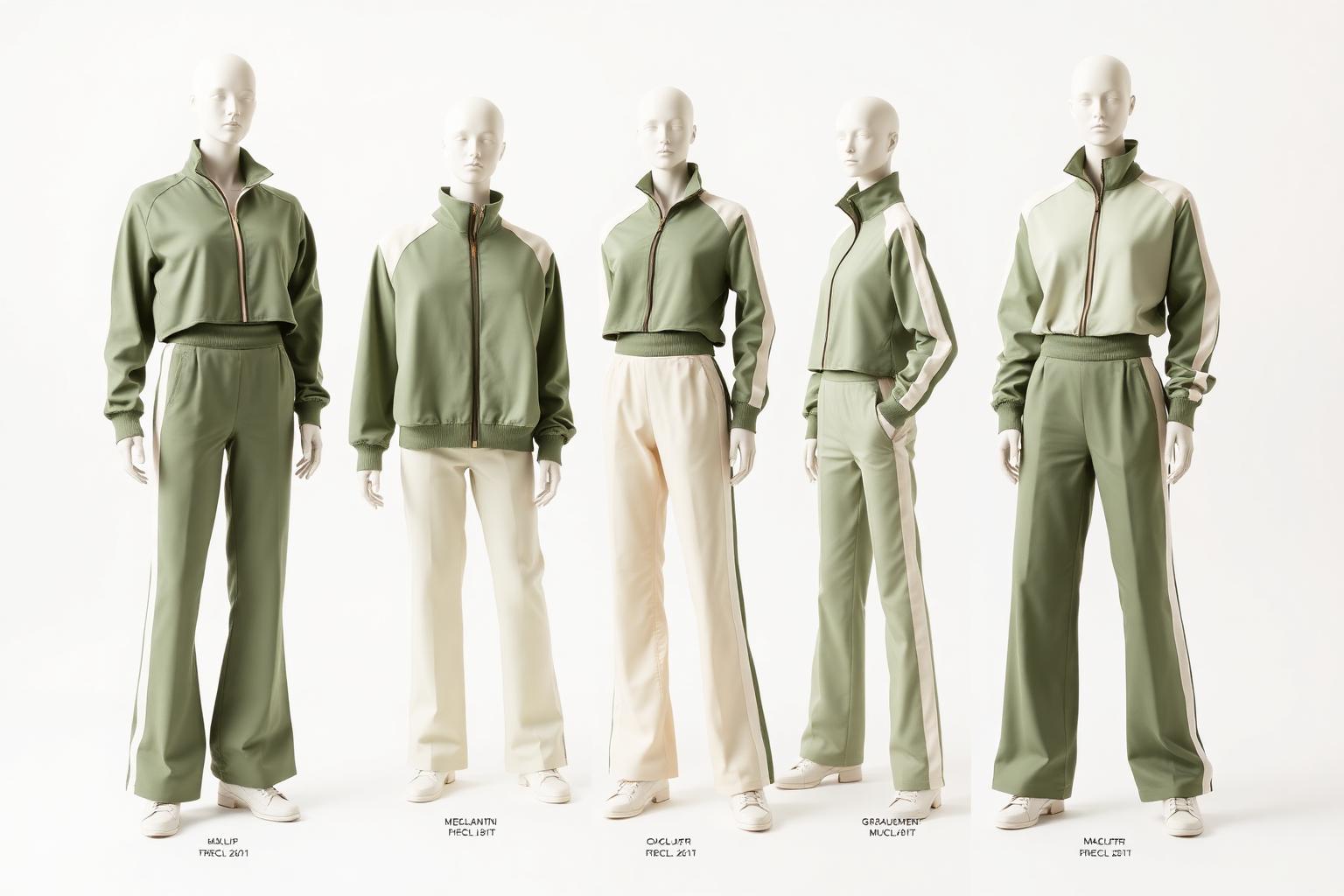 Sage Colourblock Track Set — Women — House · Street Futur seven-view specification plate; showing 01 Front, 02 Left, 03 Right, 04 Back, 05 Interior, 06 Inner tags, 07 Fabric detail. — 01 Front, Sage Ivory