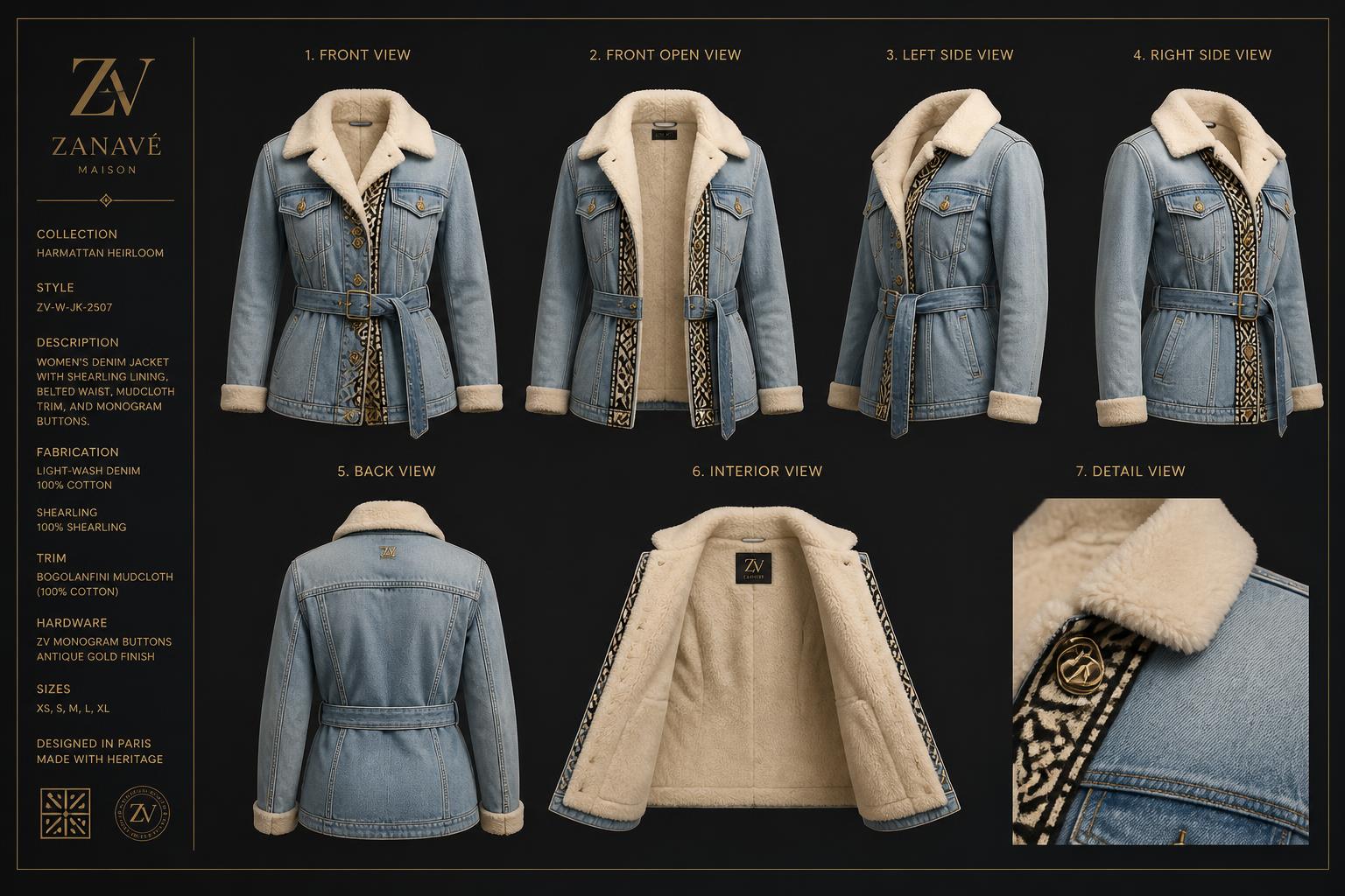 Harmattan Shearling Denim Coat — Women — House · Heritage Futur seven-view specification plate; showing 01 Front, 02 Left, 03 Right, 04 Back, 05 Interior, 06 Inner tags, 07 Fabric detail. — 01 Front, Sky Bleach