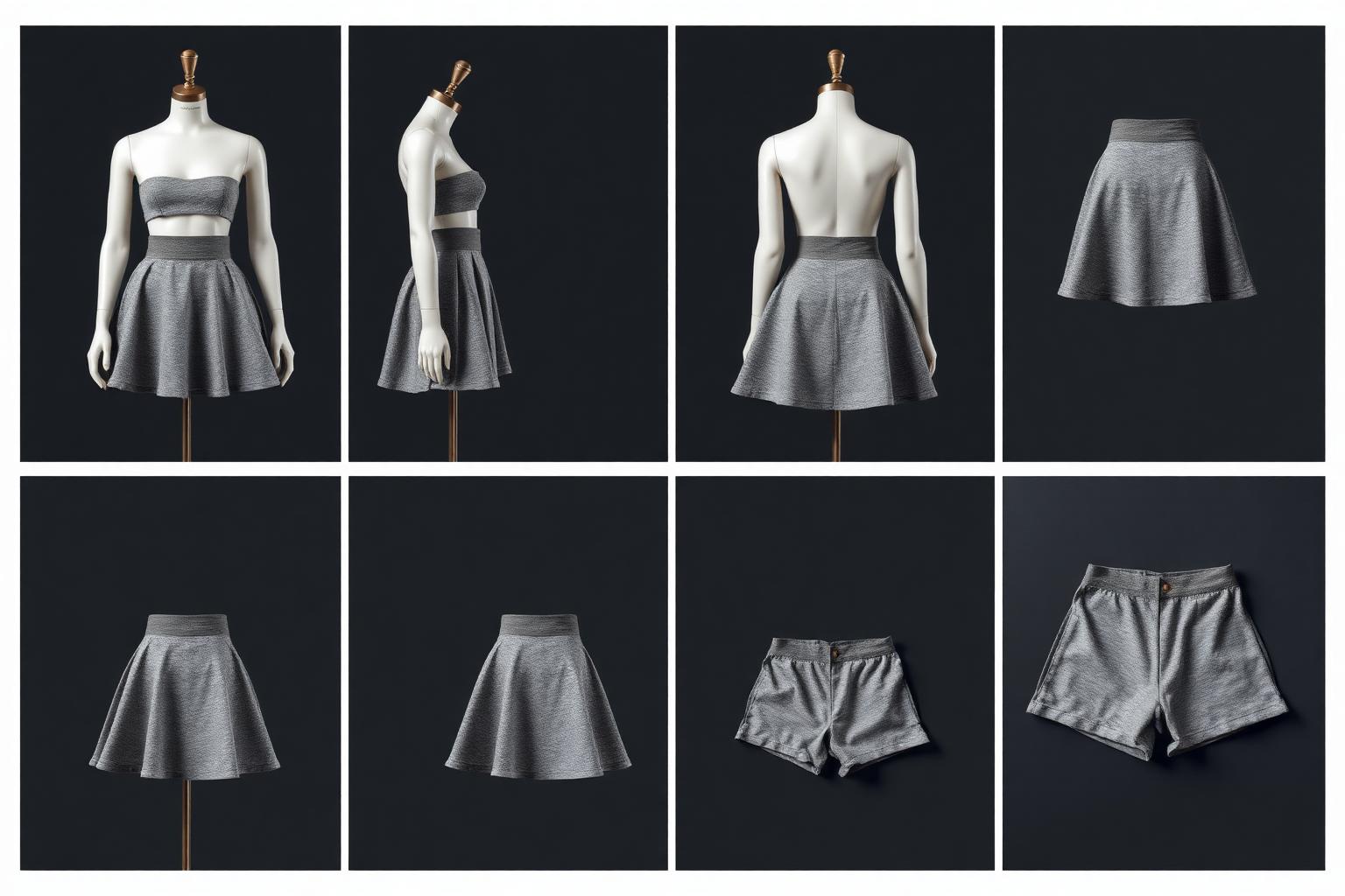 Heather Flare Skater Skort — Women — House · Frontier Futur seven-view specification plate; showing 01 Front, 02 Left, 03 Right, 04 Back, 05 Interior, 06 Inner tags, 07 Fabric detail. — 01 Front, Heather Grey