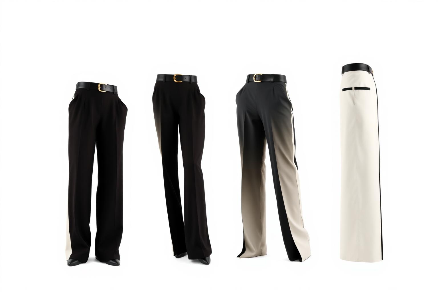 Split Colourblock Wide Trouser — Women — House · Street Futur seven-view specification plate; showing 01 Front, 02 Left, 03 Right, 04 Back, 05 Interior, 06 Inner tags, 07 Fabric detail. — 01 Front, Noir Ivoire