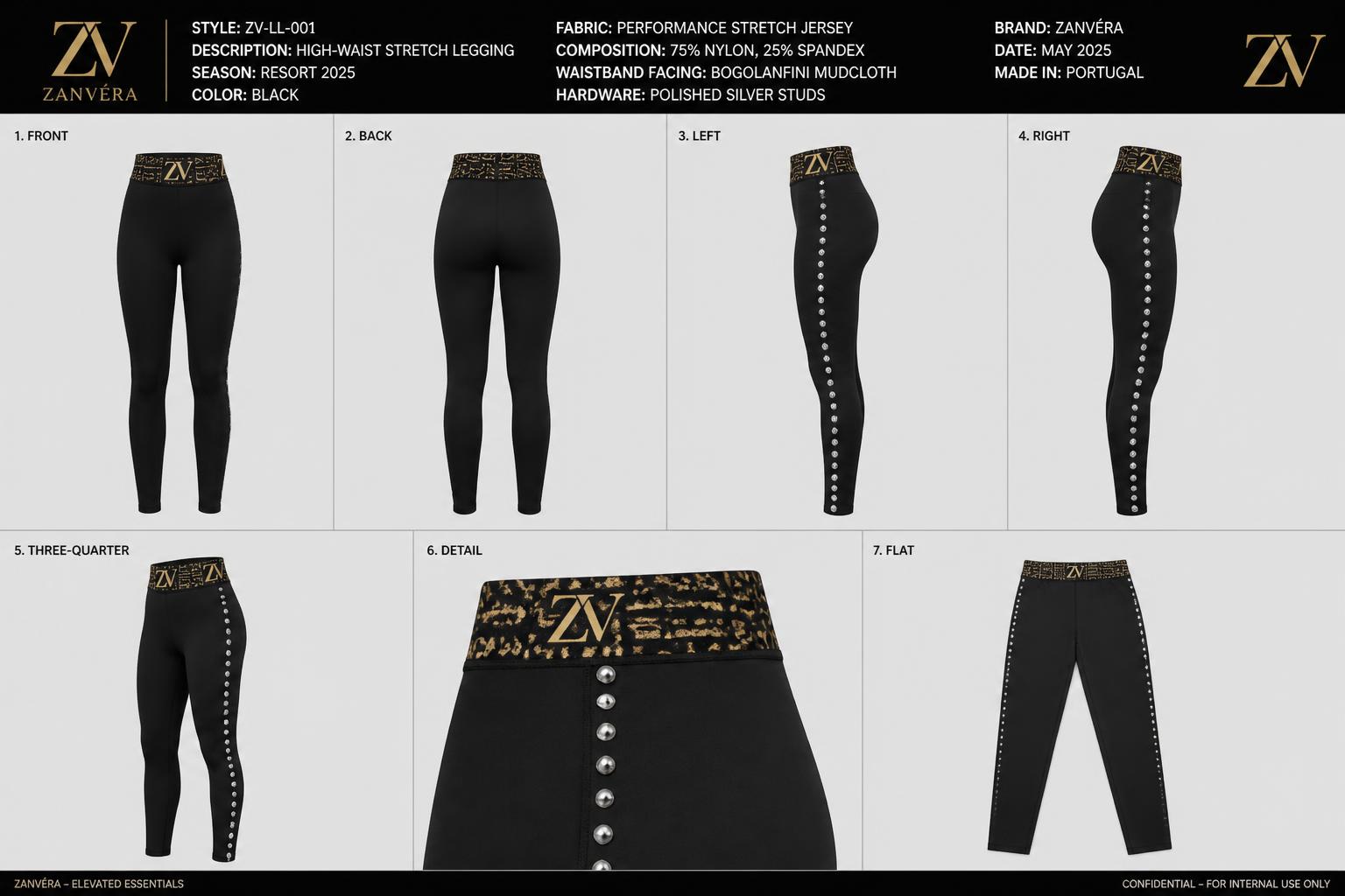 Stud Curve Heritage Legging — Women — House · Soirée Futur seven-view specification plate; showing 01 Front, 02 Left, 03 Right, 04 Back, 05 Interior, 06 Inner tags, 07 Fabric detail. — 01 Front, Noir