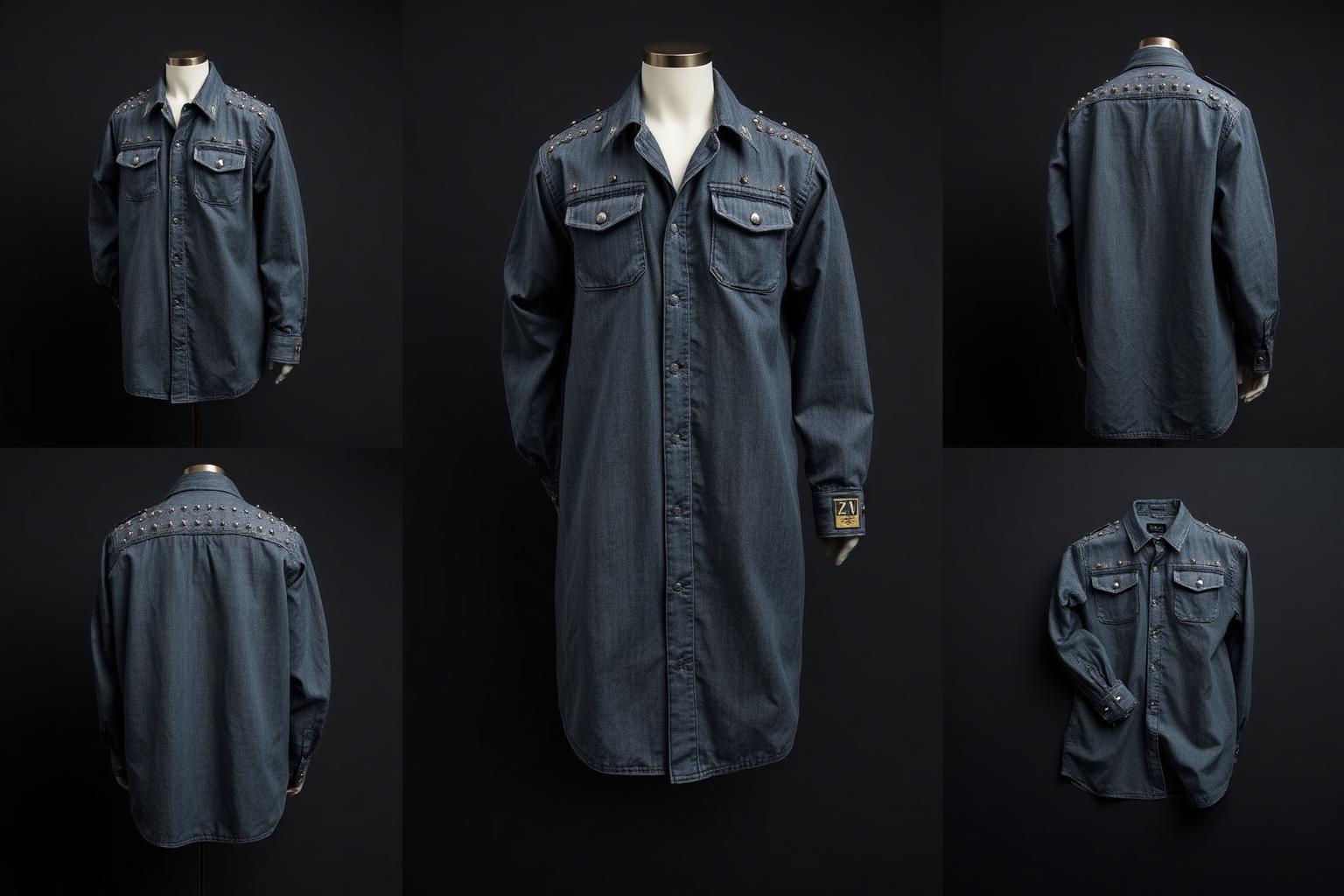 Constellation Stud Denim Shirt — Women — House · Denim Futur seven-view specification plate; showing 01 Front, 02 Left, 03 Right, 04 Back, 05 Interior, 06 Inner tags, 07 Fabric detail. — 01 Front, Mid Indigo