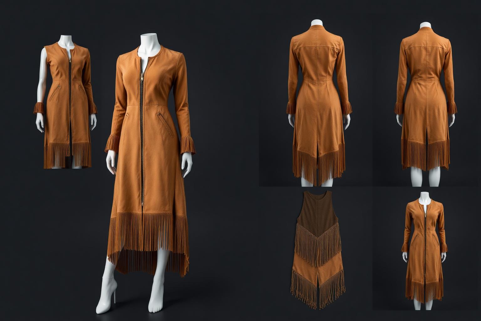 Desert Heritage Fringe Dress — Women — House · Atelier Nouveau seven-view specification plate; showing 01 Front, 02 Left, 03 Right, 04 Back, 05 Interior, 06 Inner tags, 07 Fabric detail. — 01 Front, Camel