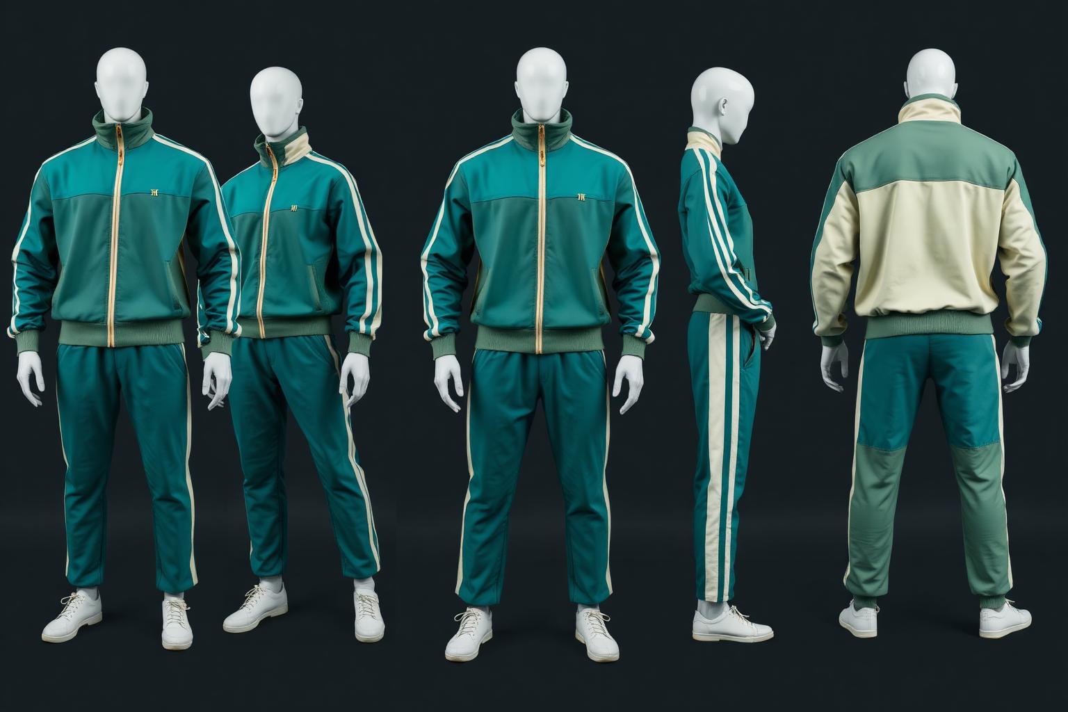 Teal Colourblock Zip Track Set — Women — House · Denim Futur seven-view specification plate; showing 01 Front, 02 Left, 03 Right, 04 Back, 05 Interior, 06 Inner tags, 07 Fabric detail. — 01 Front, Teal Ivory