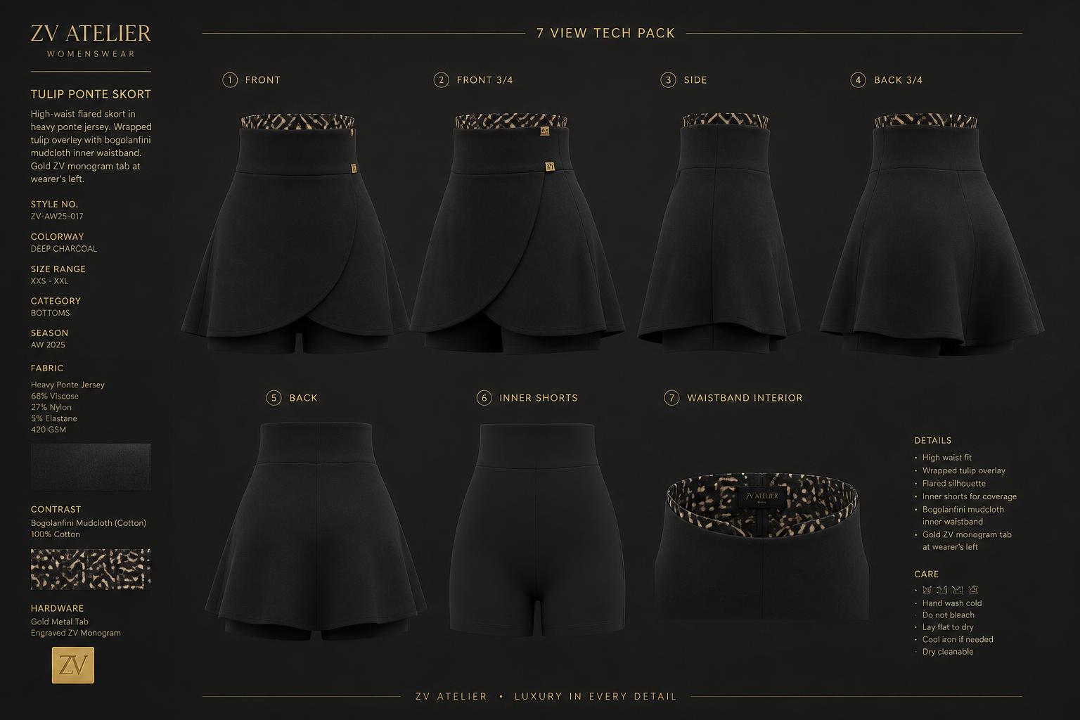 Tulip Ponte Skort — Women — House · Atelier Nouveau seven-view specification plate; showing 01 Front, 02 Left, 03 Right, 04 Back, 05 Interior, 06 Inner tags, 07 Fabric detail. — 01 Front, Deep Charcoal