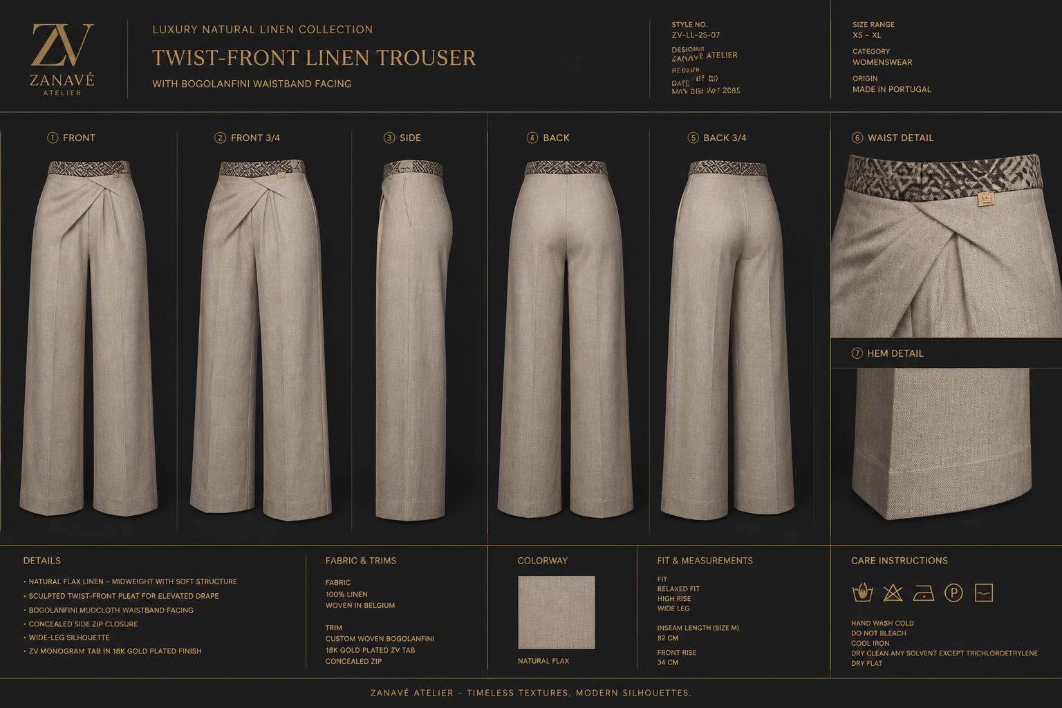 Twist-Front Linen Trouser — Women — House · Atelier Nouveau seven-view specification plate; showing 01 Front, 02 Left, 03 Right, 04 Back, 05 Interior, 06 Inner tags, 07 Fabric detail. — 01 Front, Natural Flax