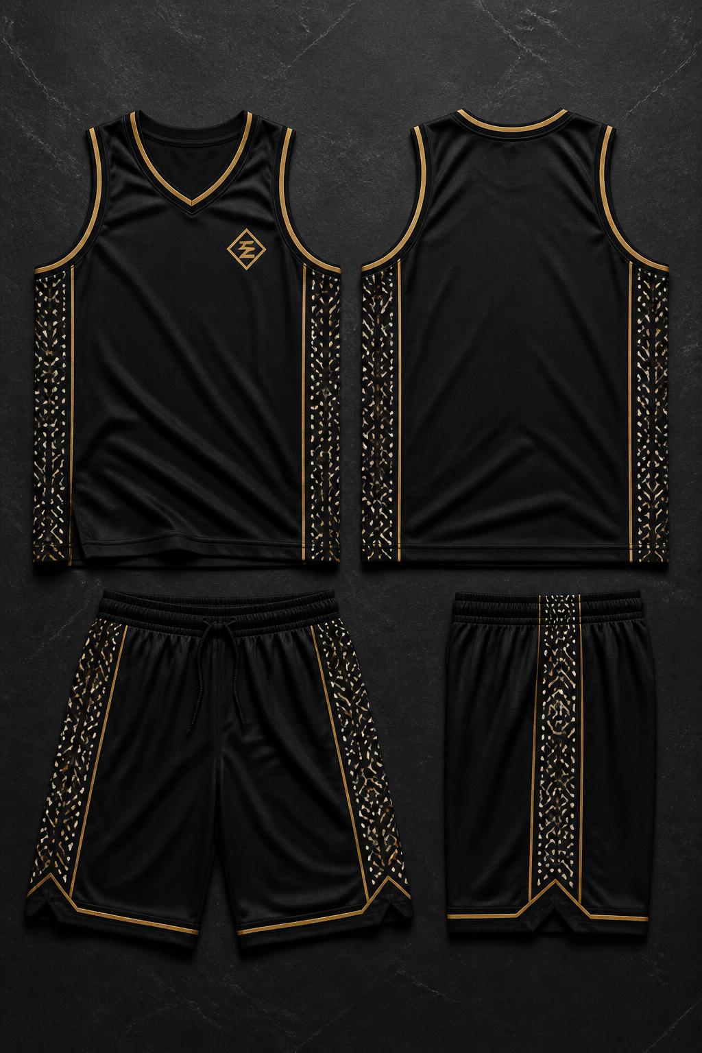 Noir Bogolan Court Basketball Kit — Men — House · Sport Performance seven-view specification plate; showing 01 Front, 02 Left, 03 Right, 04 Back, 05 Interior, 06 Inner tags, 07 Fabric detail. — 01 Front, Noir Or