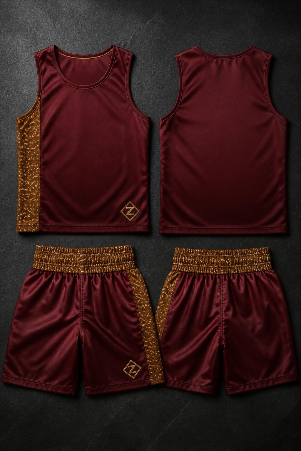 Bordeaux Bogolan Boxing Set — Men — House · Sport Performance seven-view specification plate; showing 01 Front, 02 Left, 03 Right, 04 Back, 05 Interior, 06 Inner tags, 07 Fabric detail. — 01 Front, Bordeaux Or