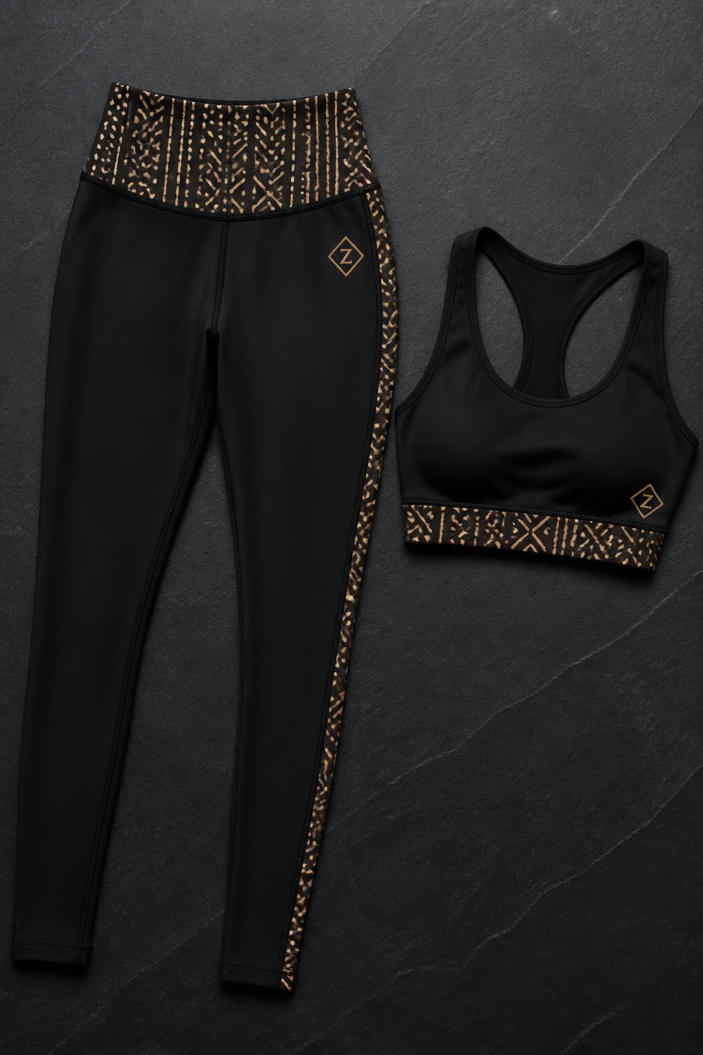 Noir Bogolan Performance Legging Set — Women — House · Sport Performance seven-view specification plate; showing 01 Front, 02 Left, 03 Right, 04 Back, 05 Interior, 06 Inner tags, 07 Fabric detail. — 01 Front, Noir Or