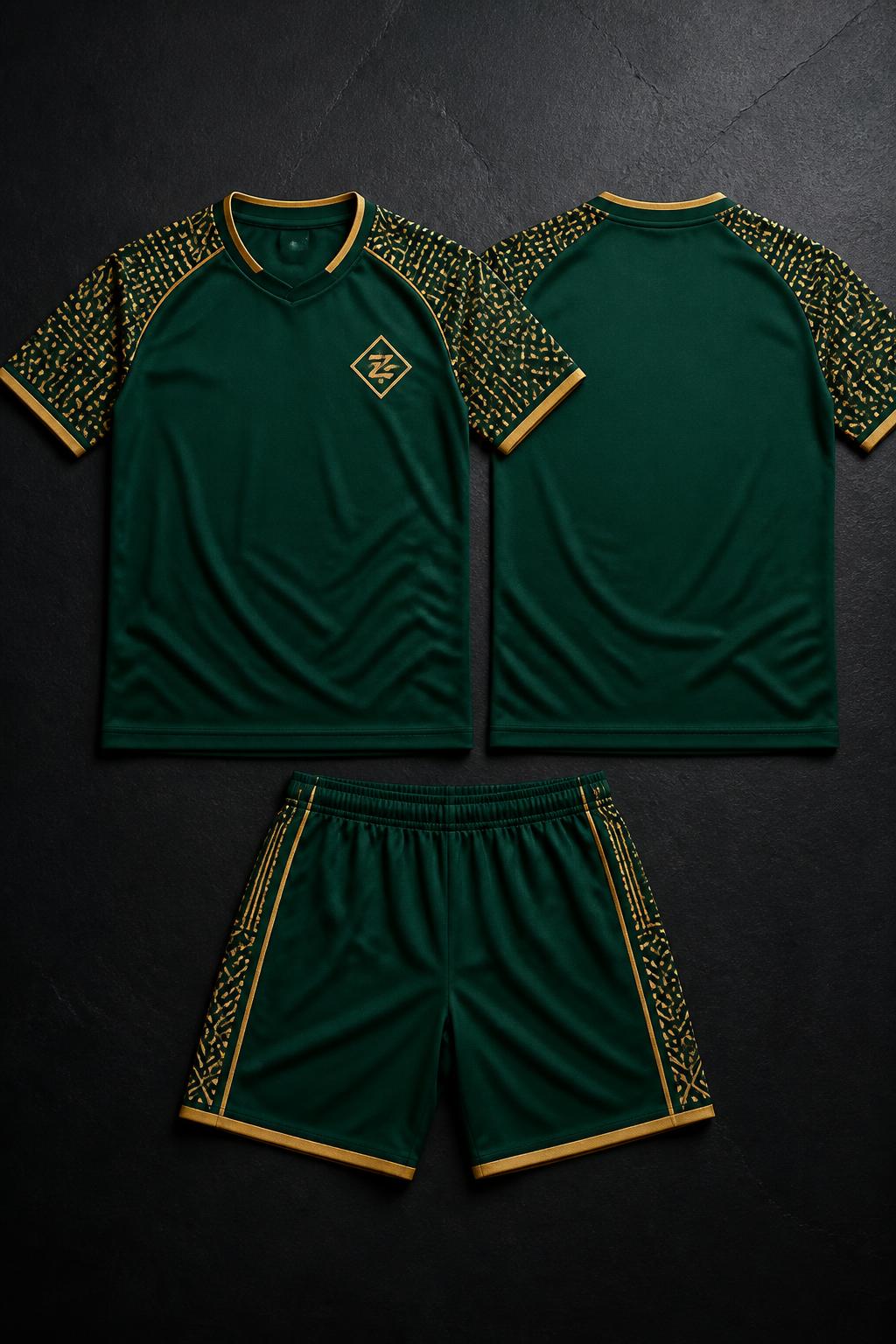 Émeraude Bogolan Pitch Soccer Kit — Men — House · Sport Performance seven-view specification plate; showing 01 Front, 02 Left, 03 Right, 04 Back, 05 Interior, 06 Inner tags, 07 Fabric detail. — 01 Front, Émeraude Or