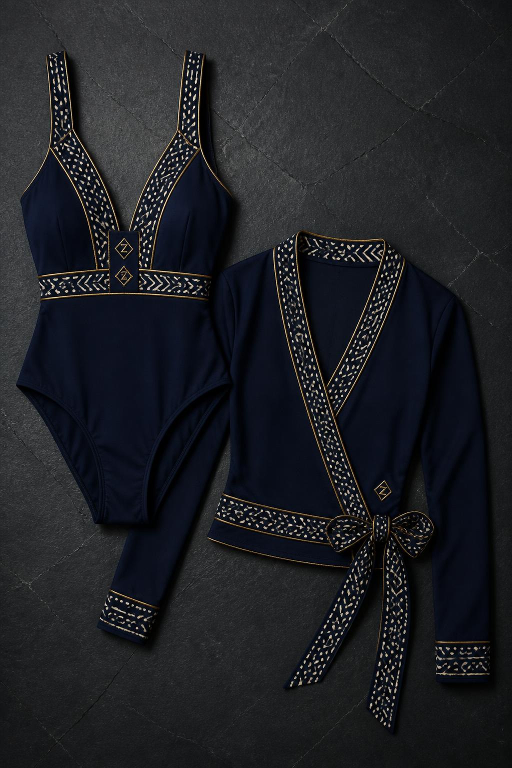 Indigo Bogolan Swim & Yoga Set — Women — House · Sport Performance seven-view specification plate; showing 01 Front, 02 Left, 03 Right, 04 Back, 05 Interior, 06 Inner tags, 07 Fabric detail. — 01 Front, Indigo Or
