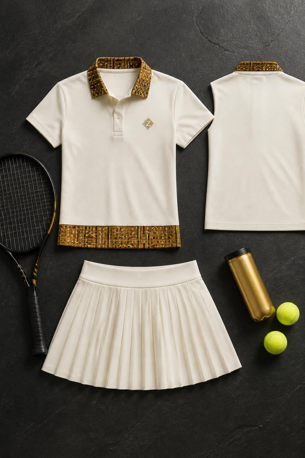 Ivoire Bogolan Court Tennis Set — Women — House · Sport Performance seven-view specification plate; showing 01 Front, 02 Left, 03 Right, 04 Back, 05 Interior, 06 Inner tags, 07 Fabric detail. — 01 Front, Ivoire Or