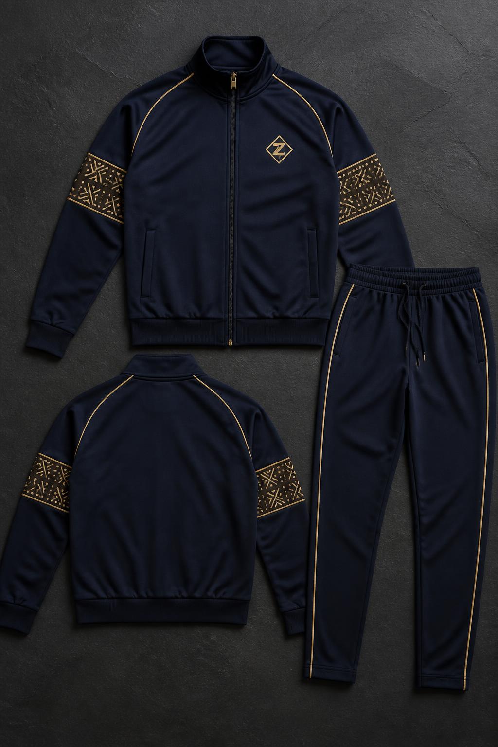Saphir Or Bogolan Track Set — Men — House · Sport Performance seven-view specification plate; showing 01 Front, 02 Left, 03 Right, 04 Back, 05 Interior, 06 Inner tags, 07 Fabric detail. — 01 Front, Saphir Or