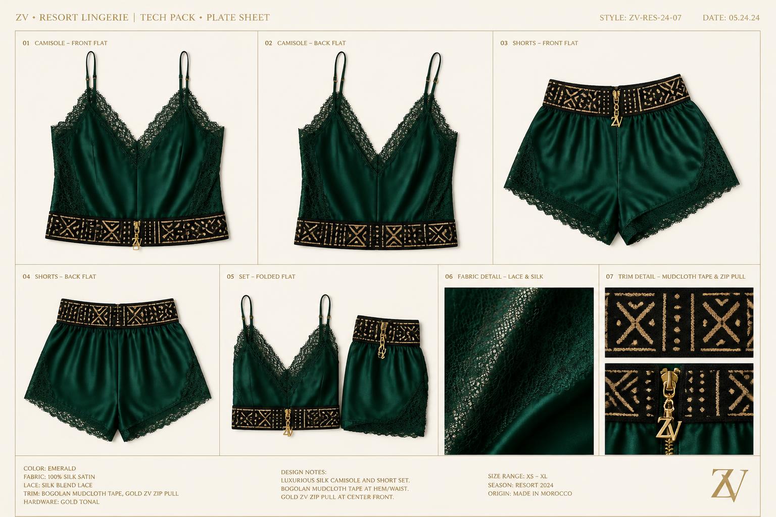 Émeraude Bazin Camisole & Short Set — Women — House · Intime Héritage seven-view specification plate; showing 01 Front, 02 Left, 03 Right, 04 Back, 05 Interior, 06 Inner tags, 07 Fabric detail. — 01 Front, Émeraude Deep