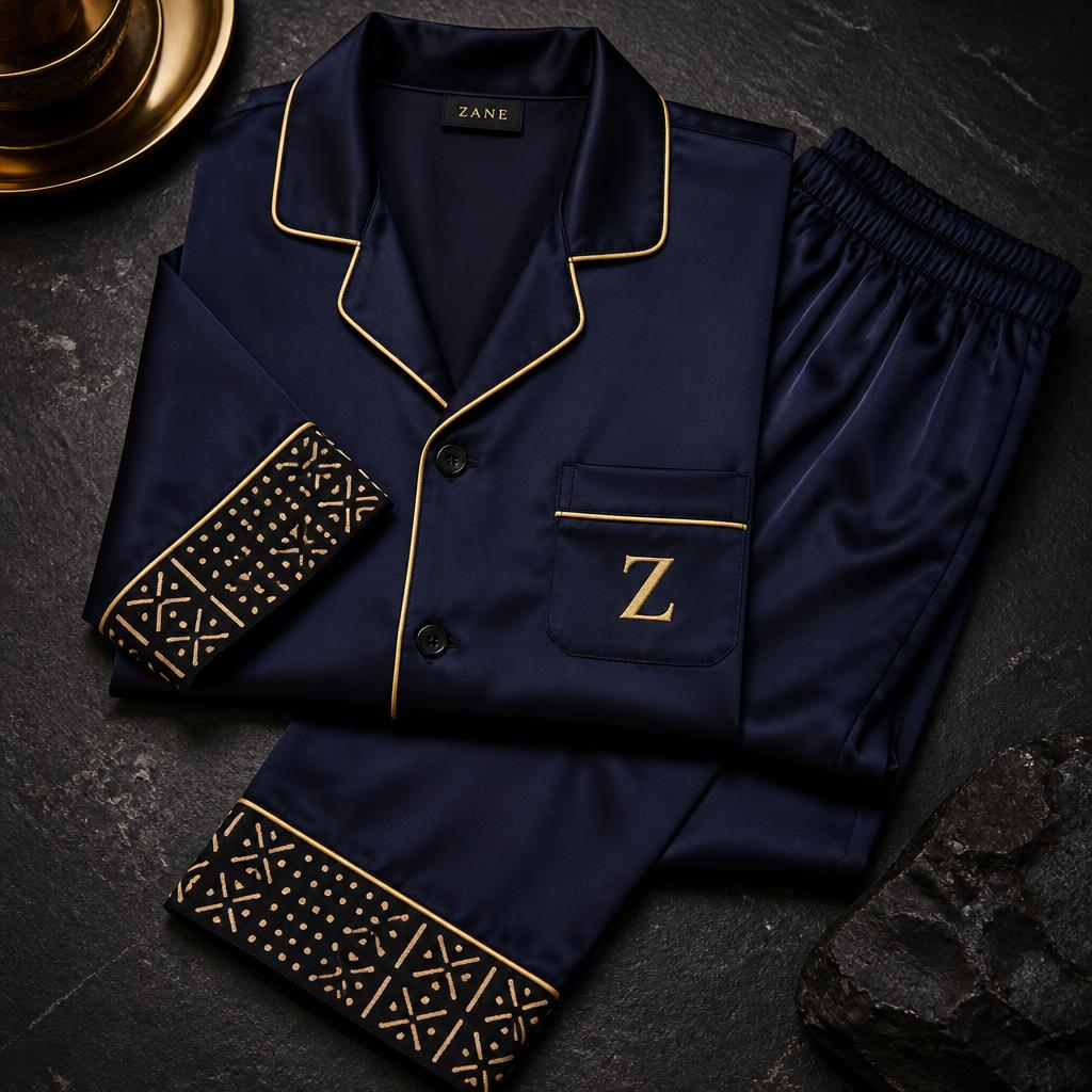 Saphir Or Bogolan Pyjama Set — Men — House · Nuit Homme seven-view specification plate; showing 01 Front, 02 Left, 03 Right, 04 Back, 05 Interior, 06 Inner tags, 07 Fabric detail. — 01 Front, Saphir Or