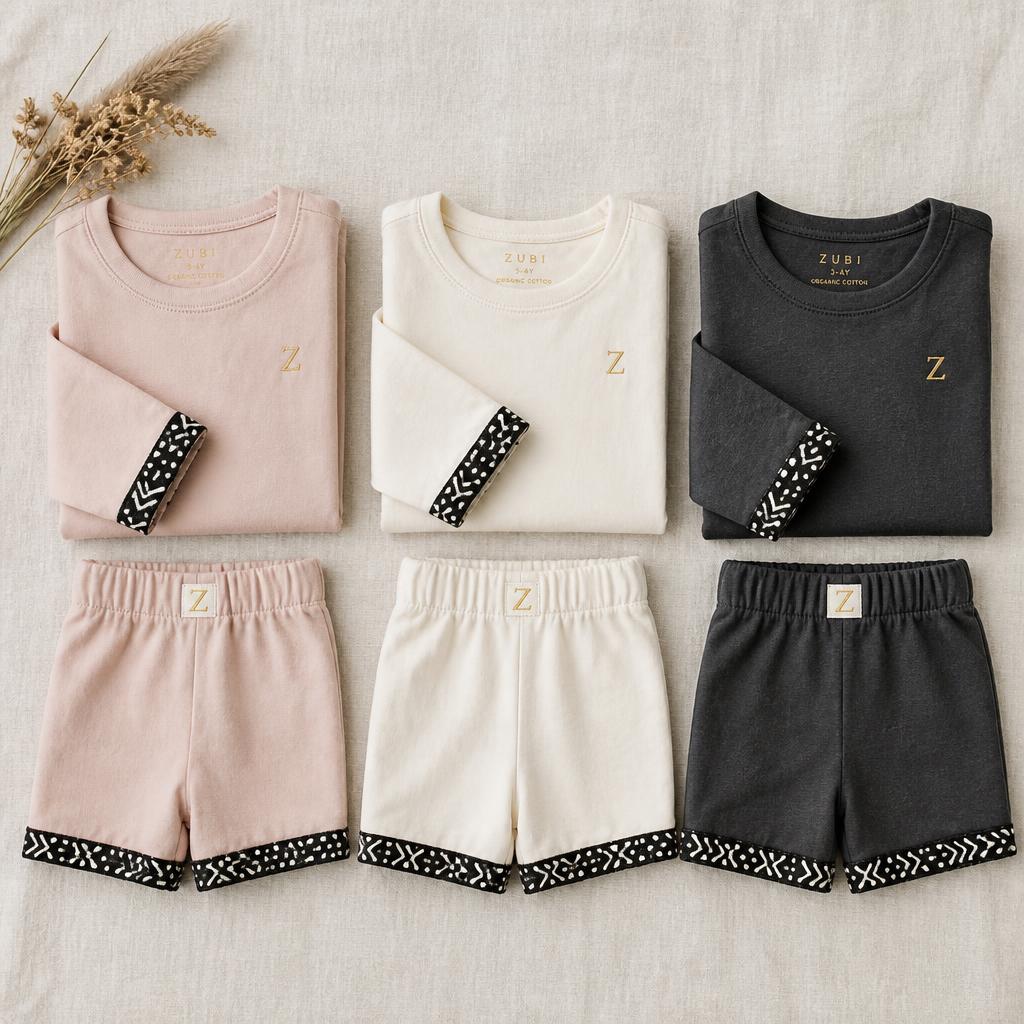 Petits Bogolan Cotton Sleep Set — Girls — House · Petits Nuit seven-view specification plate; showing 01 Front, 02 Left, 03 Right, 04 Back, 05 Interior, 06 Inner tags, 07 Fabric detail. — 01 Front, Rose Poudre