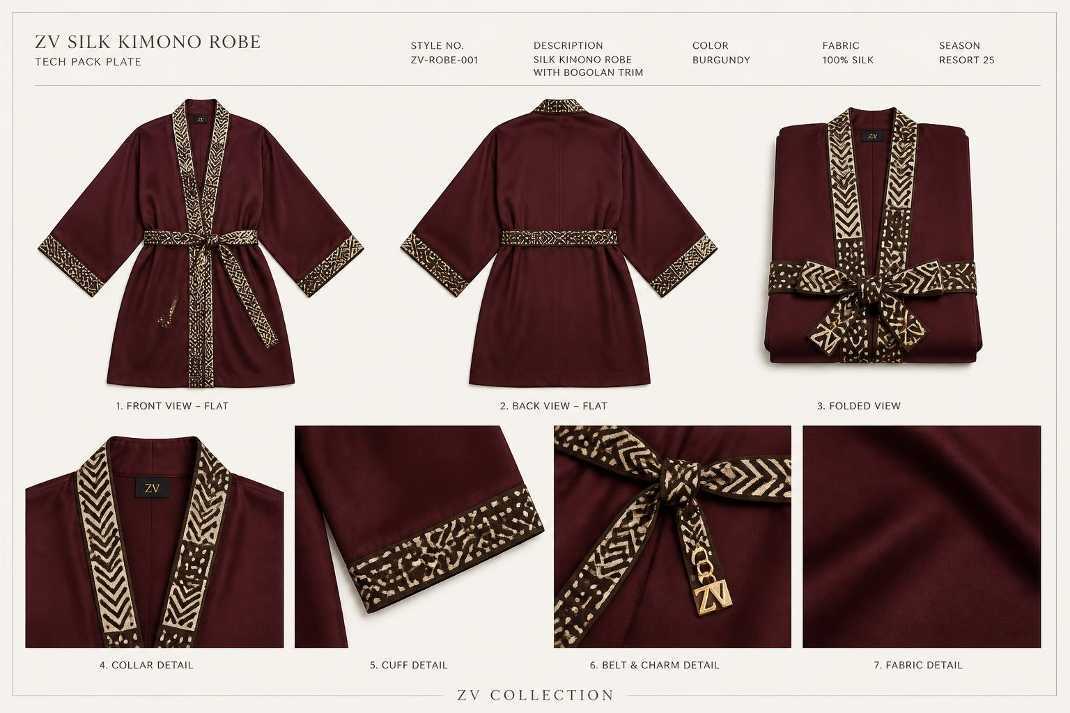 Rubis Héritage Kimono Robe — Women — House · Intime Héritage seven-view specification plate; showing 01 Front, 02 Left, 03 Right, 04 Back, 05 Interior, 06 Inner tags, 07 Fabric detail. — 01 Front, Bordeaux Héritage
